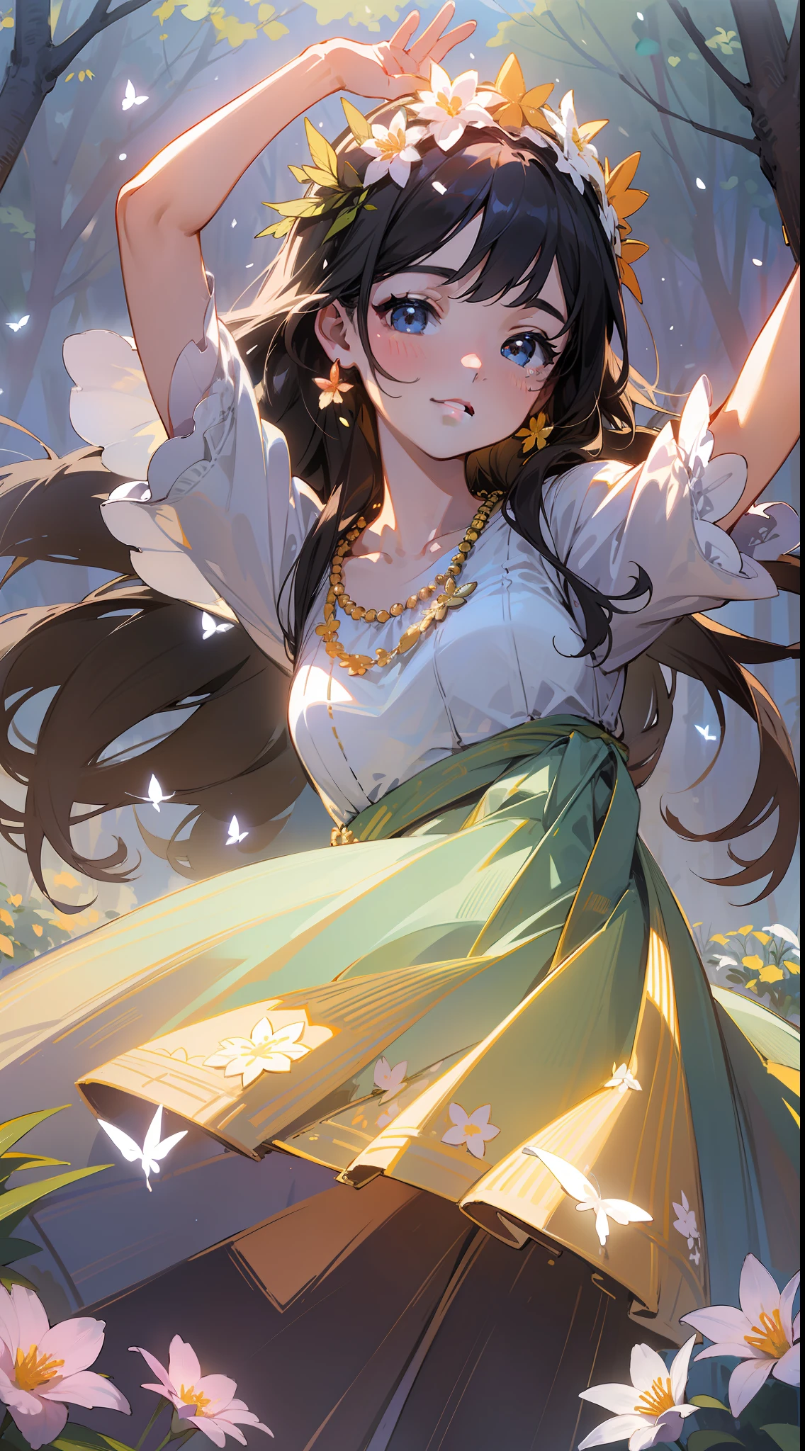 ((SFW)),Masterpiece, High Quality, ((Photoreal)), Cinematic Direction, (High Contrast), Depth of Field, (Award-winning Difference Photo), Face Detail, Detailed Drawing, There is a place in the forest where flowers bloom, Girl dancing in a snow-white summer dress in the flower field, Girl is 9 years old, Black hair very long hair, Summer sky, Summer clouds, (Summer dazzling sunlight: 1.2) , flower garden, open-arms girl, necklace, flower crown, butterfly, fluttering petals, dynamic movement, dance, (decorative design: 1.5)