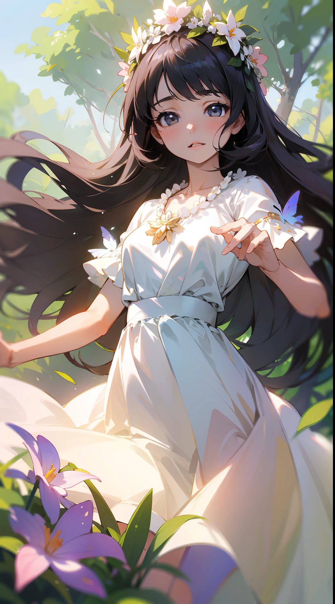 ((SFW)),Masterpiece, High Quality, ((Photoreal)), Cinematic Direction, (High Contrast), Depth of Field, (Award-winning Difference Photo), Face Detail, Detailed Drawing, There is a place in the forest where flowers bloom, Girl dancing in a snow-white summer dress in the flower field, Girl is 9 years old, Black hair very long hair, Summer sky, Summer clouds, (Summer dazzling sunlight: 1.2) , flower garden, open-arms girl, necklace, flower crown, butterfly, fluttering petals, dynamic movement, dance, (decorative design: 1.5)