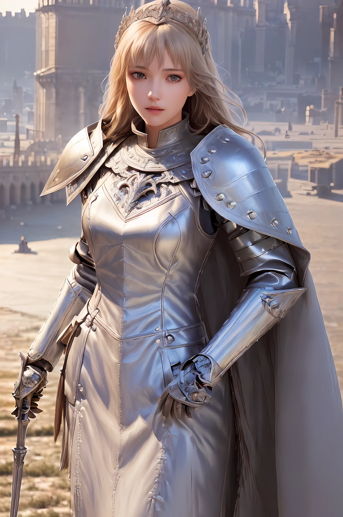 Realistic, realistic details, detailed, (((1 girl, slim, female knight, detailed armor, intricate details, cloak, knight greatsword, frontal perspective, from the front, standing on top of the tower overlooking the medieval cityscape, very detailed architecture, perspective, clear focus, depth of field, detailed background)))