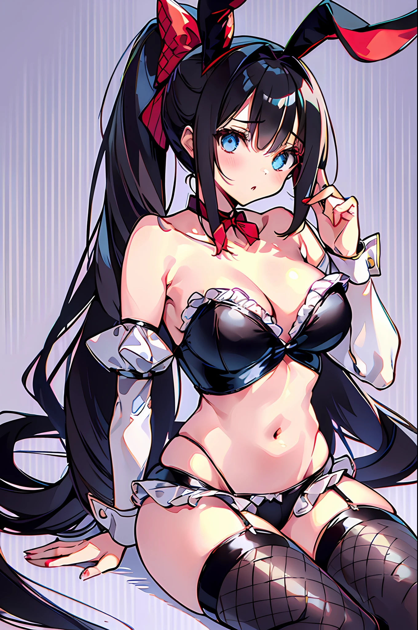 1girl, solo, long hair, underwear, breasts, bra, looking at viewer, black hair, fishnets, panties, sitting, thighhighs, blue eyes, rabbit ears, animal ears, collarbone, puffy sleeves, navel, parted lips, detached sleeves, bare shoulders, white background, choker, striped, fake animal ears, short sleeves, cleavage, very long hair, hair bow, puffy short sleeves, simple background, ponytail, bow, fishnet thighhighs, bangs, rabbit tail, frills, arm support, red choker, medium breasts, tail, frilled panties, stomach, frilled bra, blush, red bra, lingerie, black footwear, wrist cuffs, high heels