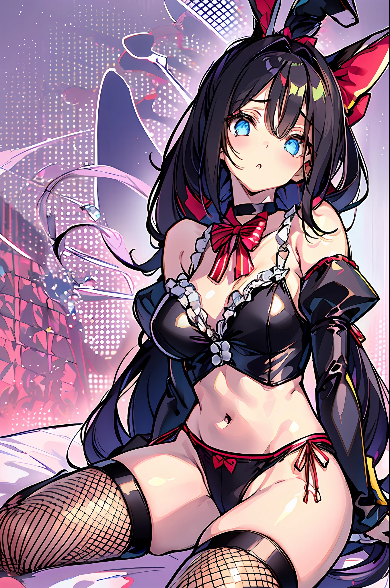 1girl, solo, long hair, underwear, breasts, bra, looking at viewer, black hair, fishnets, panties, sitting, thighhighs, blue eyes, rabbit ears, animal ears, collarbone, puffy sleeves, navel, parted lips, detached sleeves, bare shoulders, white background, choker, striped, fake animal ears, short sleeves, cleavage, very long hair, hair bow, puffy short sleeves, simple background, ponytail, bow, fishnet thighhighs, bangs, rabbit tail, frills, arm support, red choker, medium breasts, tail, frilled panties, stomach, frilled bra, blush, red bra, lingerie, black footwear, wrist cuffs, high heels