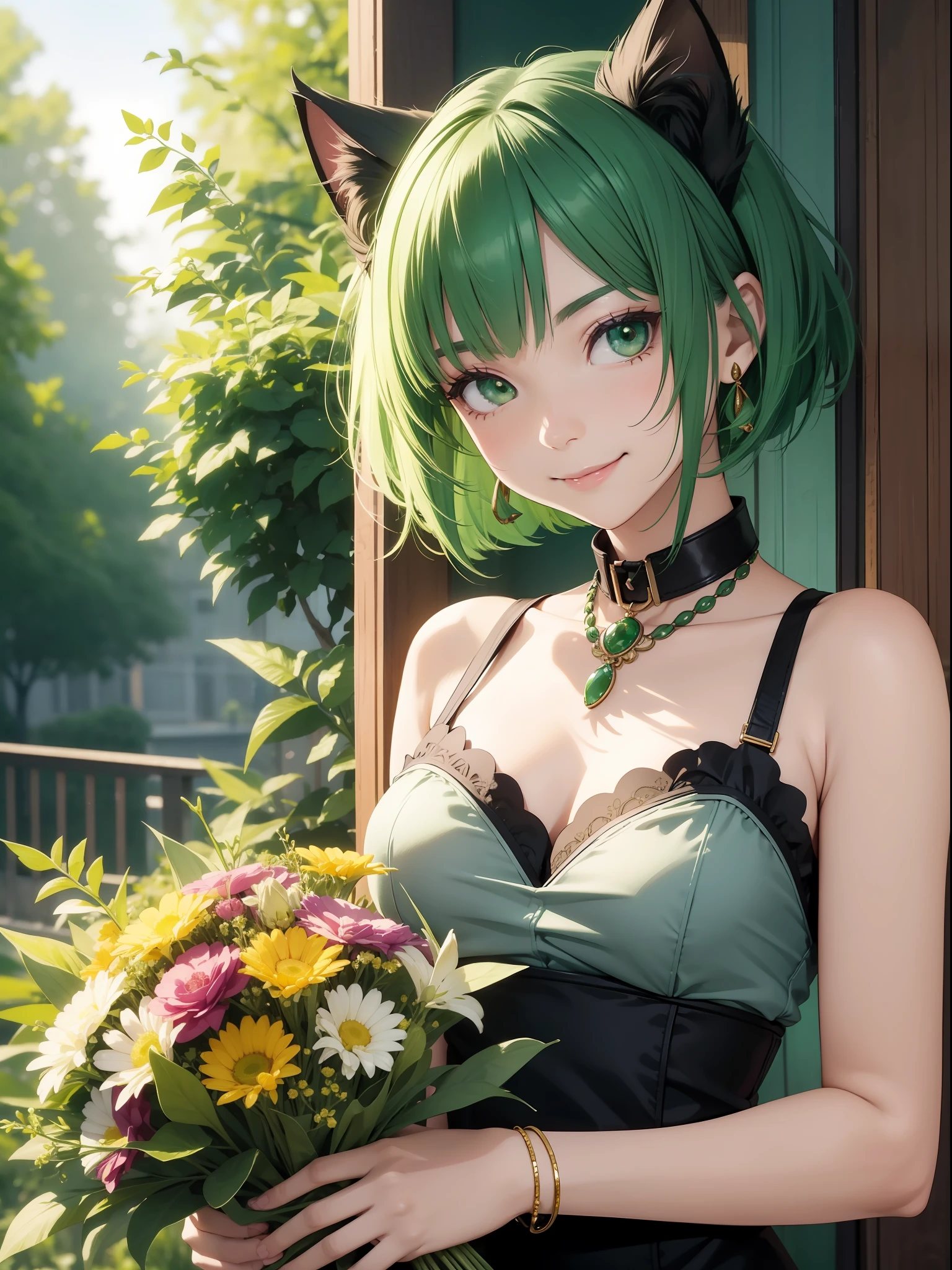 Master Spice, High Quality, Cat Girl, Big Bouquet, Smile, Short Green Bob Hair, Green Eyes, Jewelry Collar, Jewelry Accessories, Bright Color. High image quality.