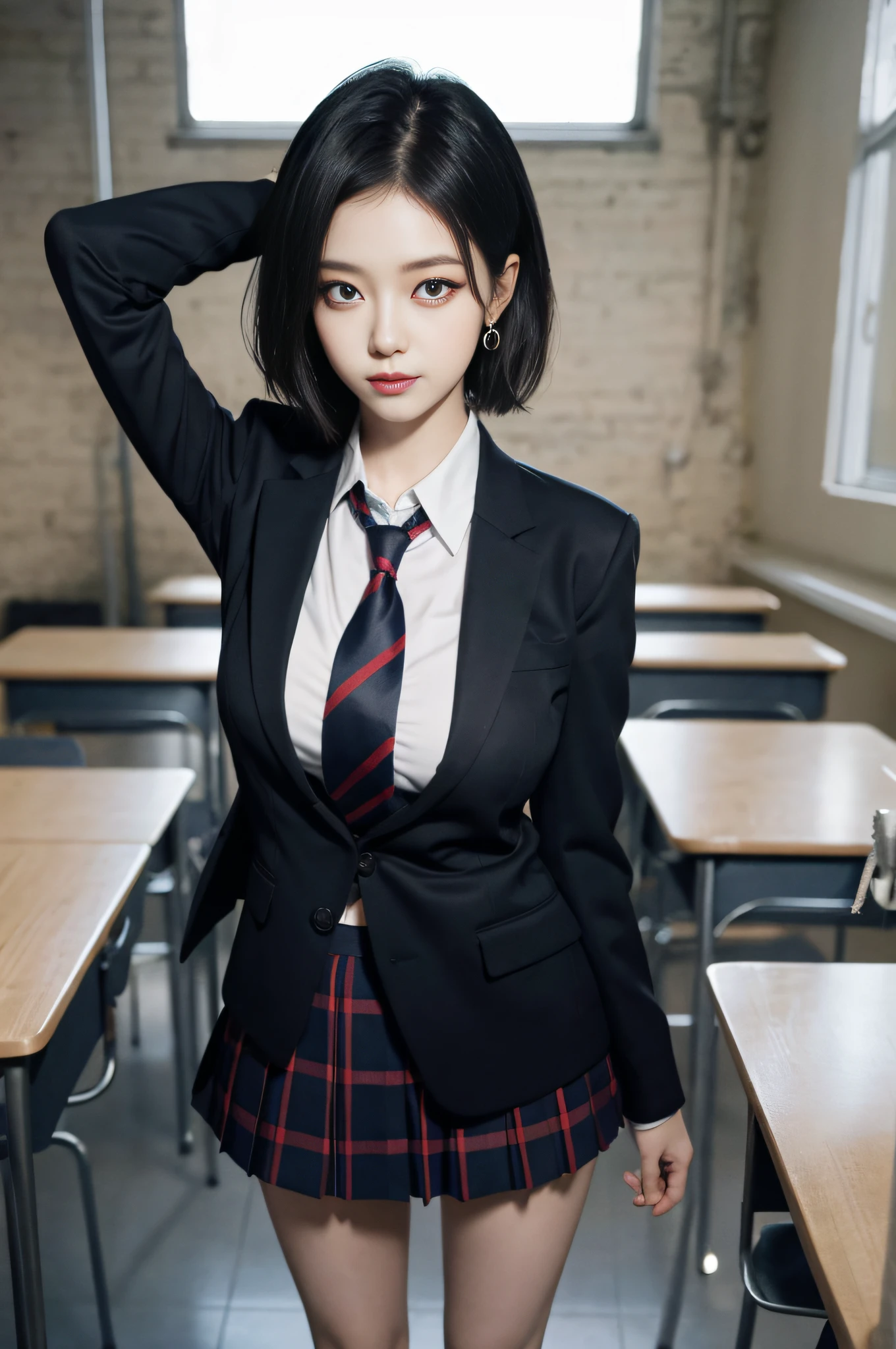 8K RAW photo, high resolution, 21 year old cool Korean, big round breasts, school uniform, tie, tie ribbon, blazer, skirt, beautiful eyes in detail, long eyelashes, beautiful double eyelids, eye shadow, slit eyes, sanpaku eyes, dark eye makeup, evil smile, beautiful thin legs, short hair gathered at the back, earrings, school classroom
