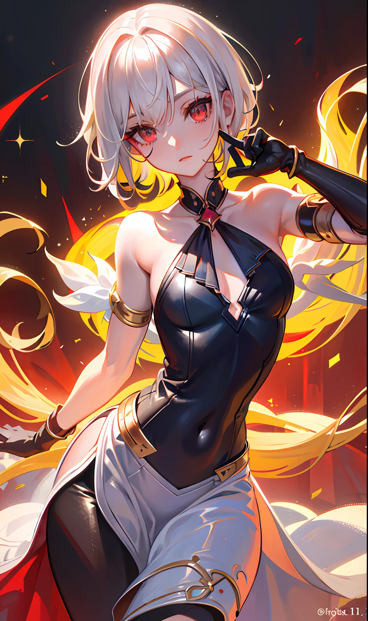 (Masterpiece, Side Light, Fine Beautiful Eyes: 1.2), (Masterpiece * Portrait), Portrait, (Bust), Realistic, 3D Face, Sweet Skin, (Solo), (Close-up of Face), (Fire Opal General Scarlet Eyes), Hanging Corner of the Eye, ((High Detail Skin, Visible Pores)), (Perfect Figure), A Beautiful Girl, Small Breasts, (((Clear Dress)), (Neck Ring), (Short Glove as Short as Half the Palm)