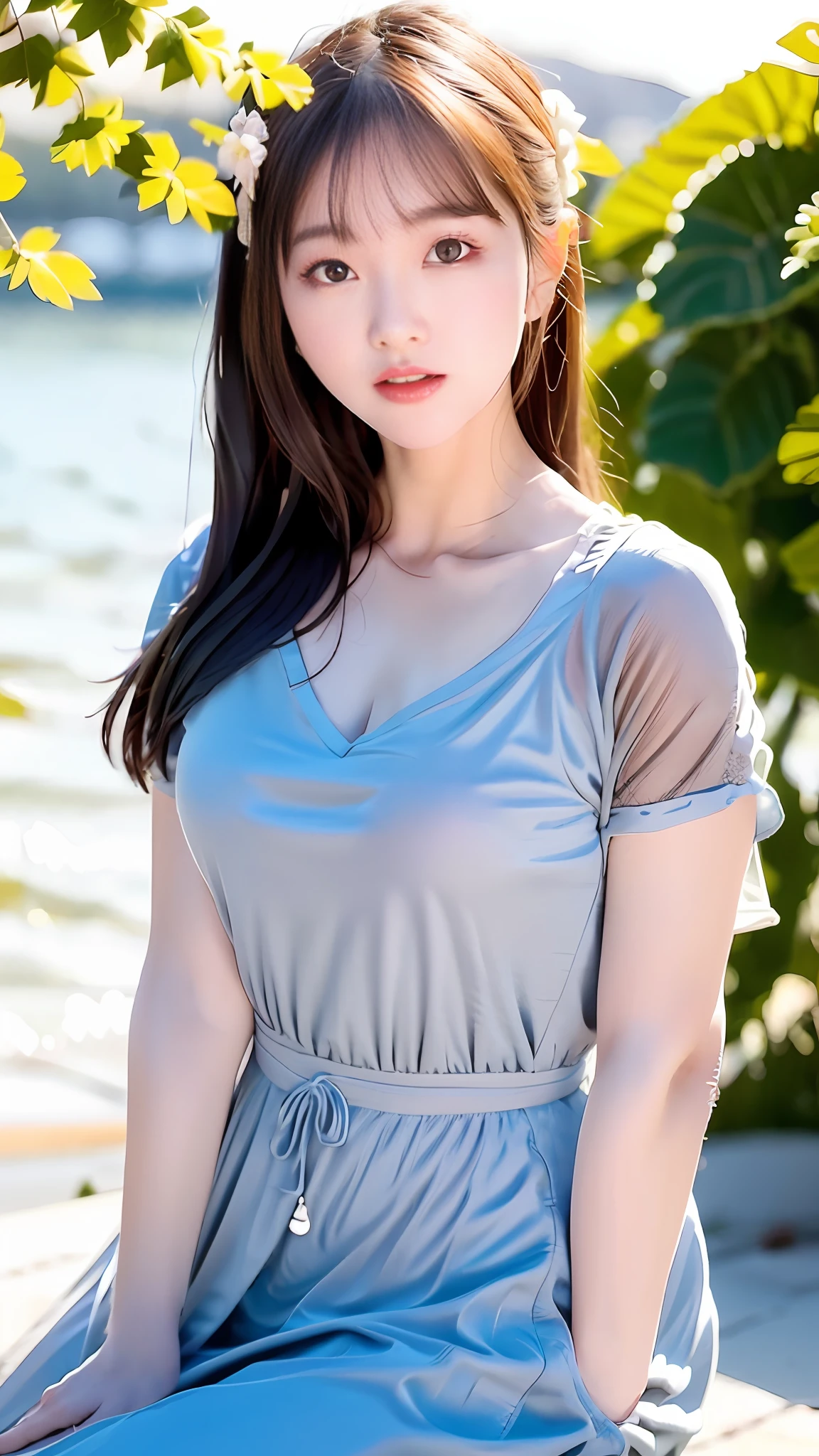 There is a woman sitting on the ground wearing a blue dress Japanese girl, blue tight T-shirt, short sleeves, wearing a cute top, wearing a shirt, sailor uniform, blue costume, open V-chest dress, blue clothes, blue soft details, Japanese woman, short hair, close, blue shirt, low angle shooting, low angle shooting, cute, very cute, showing cute expressions, rich details, blush, mouth hold, mole under eye, puckered lips, glint, light blush, light blush, mouth hold, mouth hold, mole under eye, mole under eye, mole under eye, mole under eye, Surrealism, drop shadow, anaglyph, stereogram, tachi-e, pov, atmospheric perspective, 8k, super detail, ccurate, best quality, highres