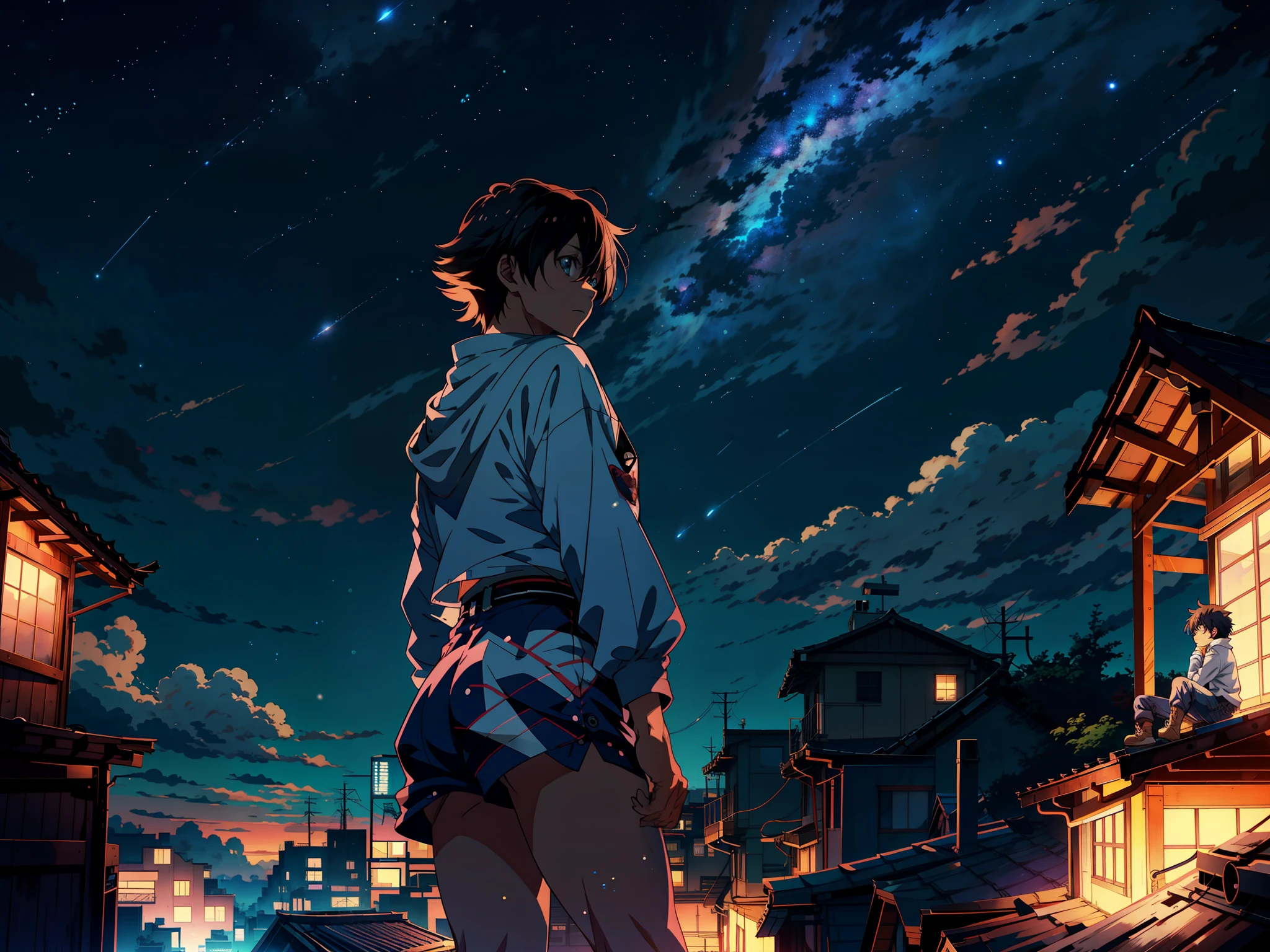 Anime round-cropped boy standing on rooftop looking at night sky with stars, anime wallpaper 4K, anime wallpaper 4K, 4k anime wallpaper, animation wallpaper 8k, anime art wallpaper 4k, anime art wallpaper 4k, anime style 4k, makoto shinkai cyril roland, 4k manga wallpaper, anime wallpaper, amazing wallpaper, shooting star