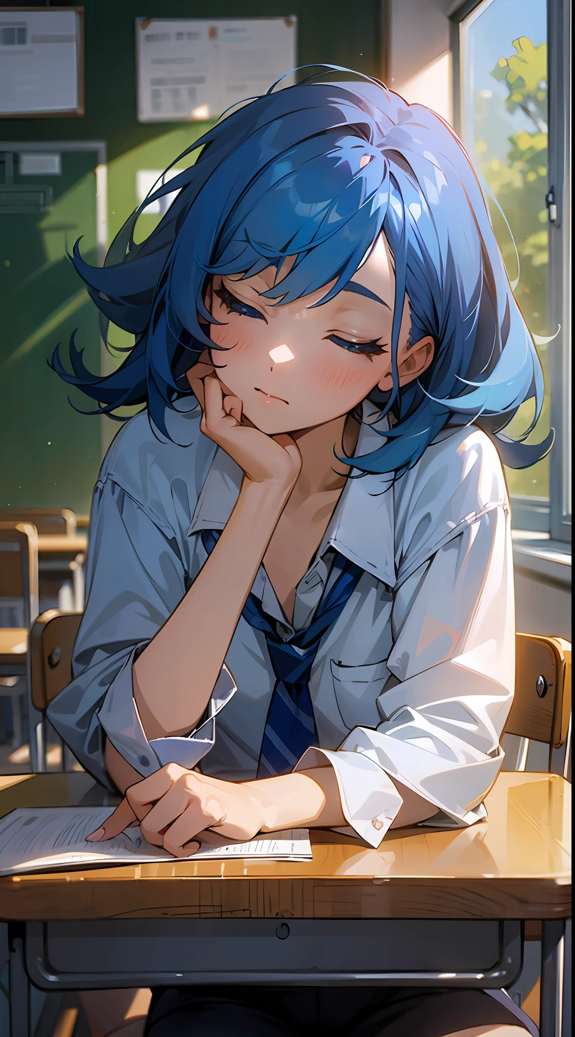 Masterpiece, of the best quality, a blue-haired woman climbing on a desk to sleep, just woke up, in the classroom, Artie Guéran style
