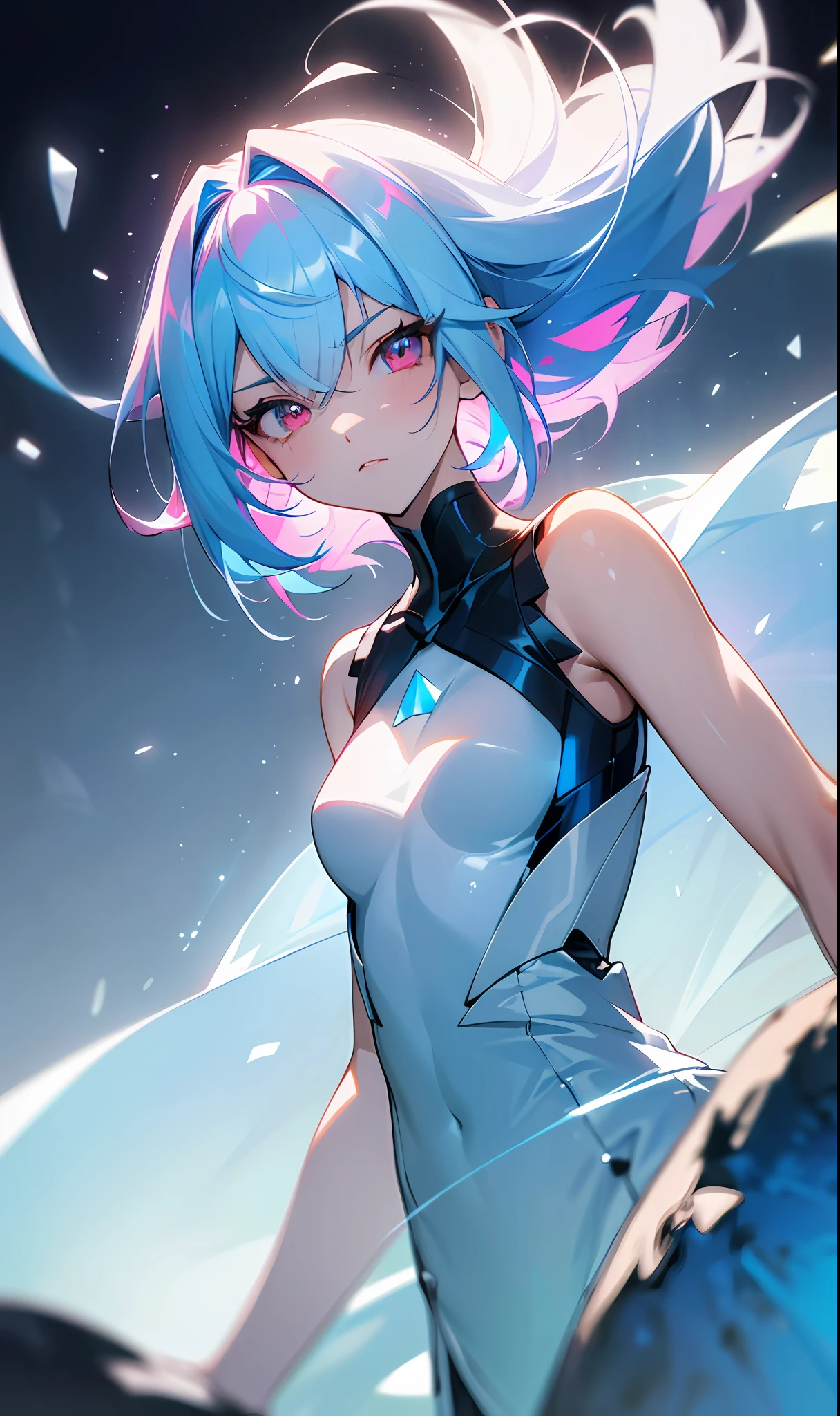 (Fine, sharp images, super resolution, extremely amazing detail, awesome detail), subsurface scattering, masterpiece, best quality, high quality, anatomically correct, textured skin, super detail, high detail, high quality, high quality, award-winning, best quality, high resolution, 1girl, solo, bust, straight eye, prism eye, prism hair, prism, serious, [silver|white] + (blue: -0.3) hair, blue + red eyes, gradient eyes, multicolored eyes, calm, small breasts, Sleeveless vest, glowing eyes, glowing white particles, glitter, bloom, fantasy, cave