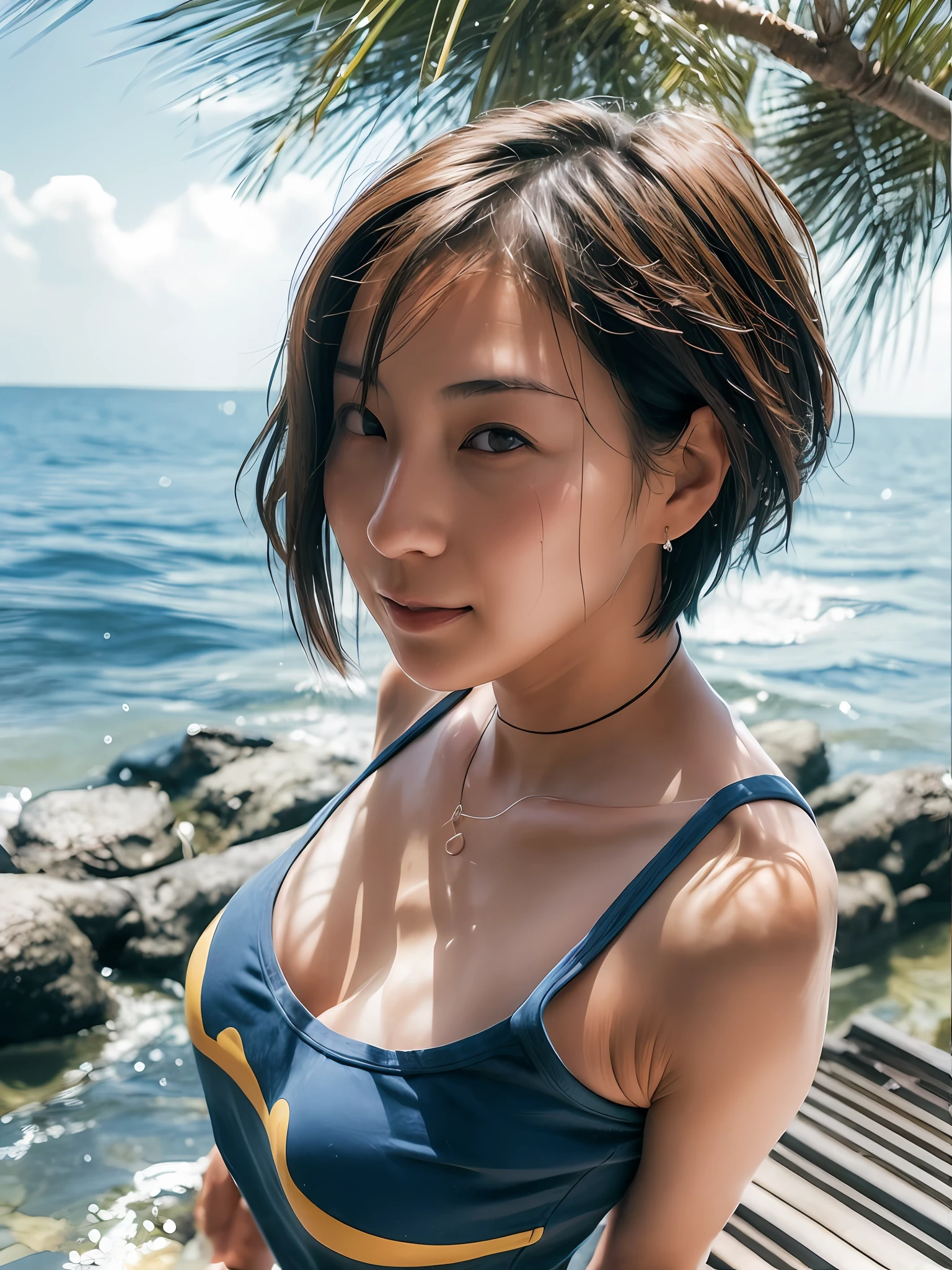 1 girl, Japan person, 45 years old, photorealistic, beautiful and detailed face, viewer, simple background, solo, sea, bikini, small breasts, tank top. sunny, summer vacation, beach, (short hair, wet), smile, movie lighting, movie, Japan drama, (necklace), earrings