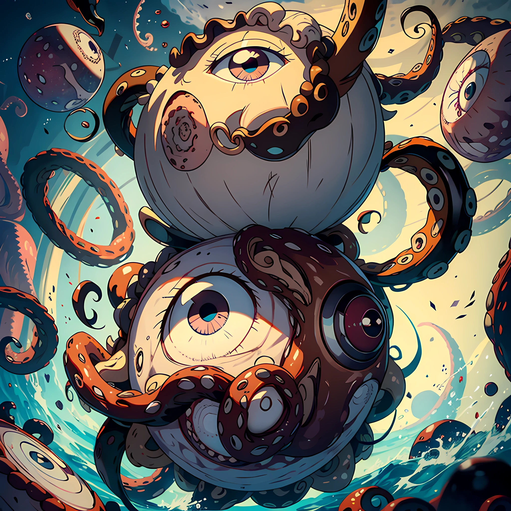 1 ball of meat, one eye, huge vertical eye, octopus tentacles, floating in the air