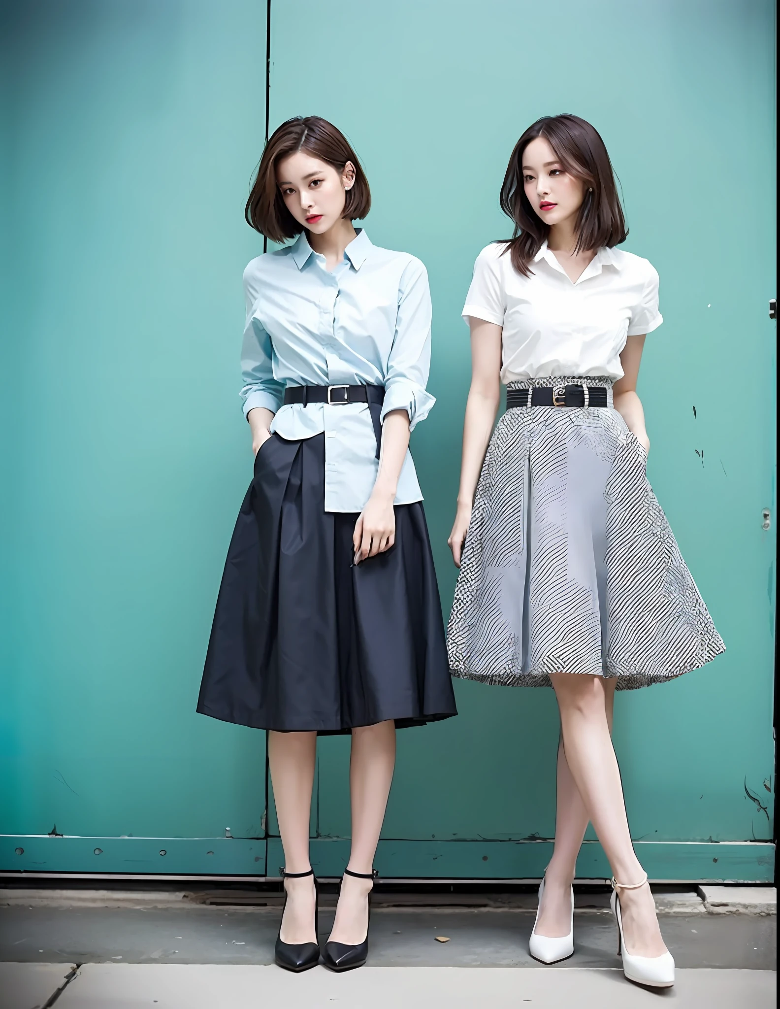 Article 3: Skirt + Shirt
Text Summary:
This summer, let's wear skirt and shirt combinations with unique style. Wearing a skirt can break away from the usual routine and add a touch of vitality to your overall look. Pay attention to choosing skirts that are made of soft and delicate materials and have a moderate length, in order to highlight your elegant taste.
Styling Suggestions:
1. Shirts can be made of fabrics with different colored patterns or prints to cleverly adjust the overall look.
2. Choose a suitable belt to provide better proportions for your body shape and create a high-waisted effect.
3. When styling the outfit as a whole, try to follow the principle of "clear separation between top and bottom," placing the visual focus on the upper body.
4. Opt for high heels as footwear.