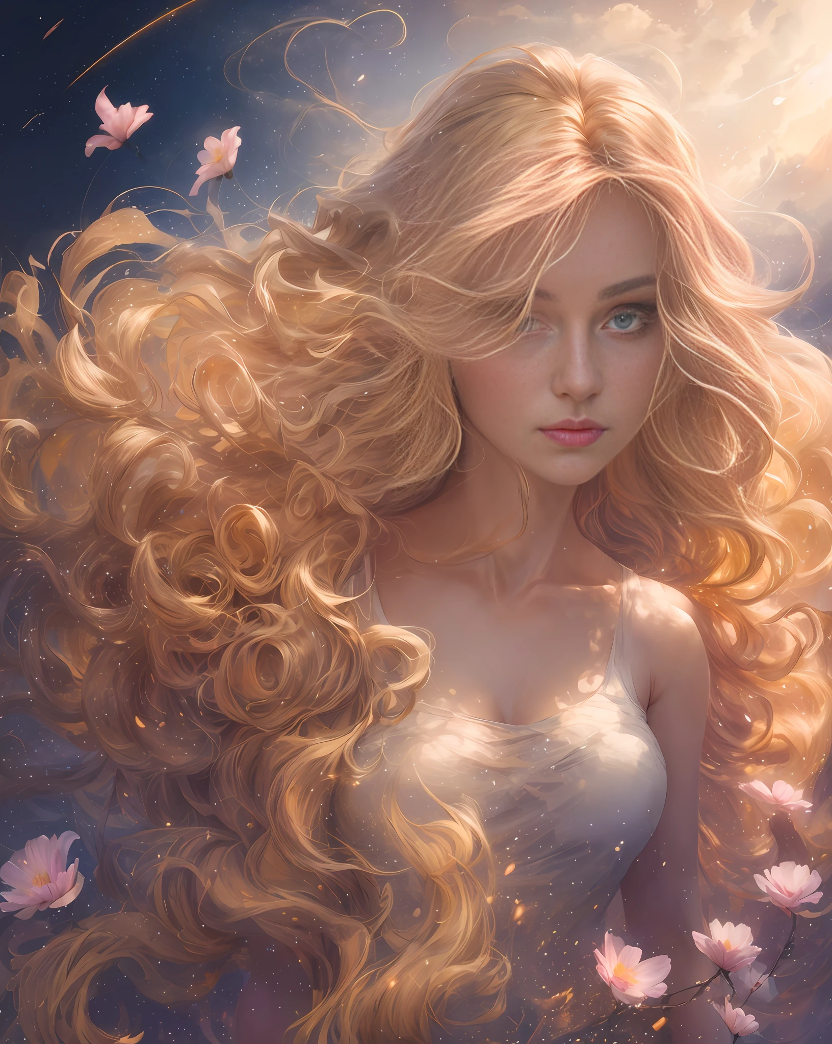 (Best Quality, Masterpiece), Young Woman, Posing, Particles, Wind, Flower, Upper Body, Simple Background, View Viewer, Long Curly Windblon Hair, Galaxy, Backlit, Rim Light, Beautiful Artwork, Perfect Composition, Fantastic Colors