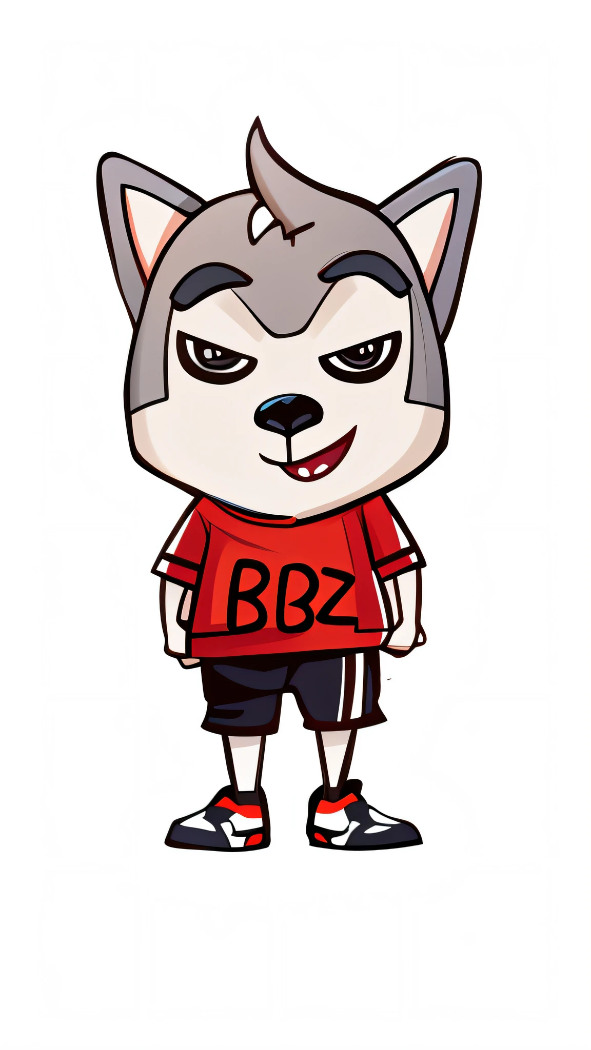 cartoon wolf with a red shirt and black shorts, sports team mascot, full body mascot, sports mascot, football mascot, mascot illustration, japanese mascot, inspired by Akihiko Yoshida, a dingo mascot, nba style bulldog mascot, bixbite, anthropomorphic shiba inu, very stylized, animal crossing character, bluey, koda kazuma