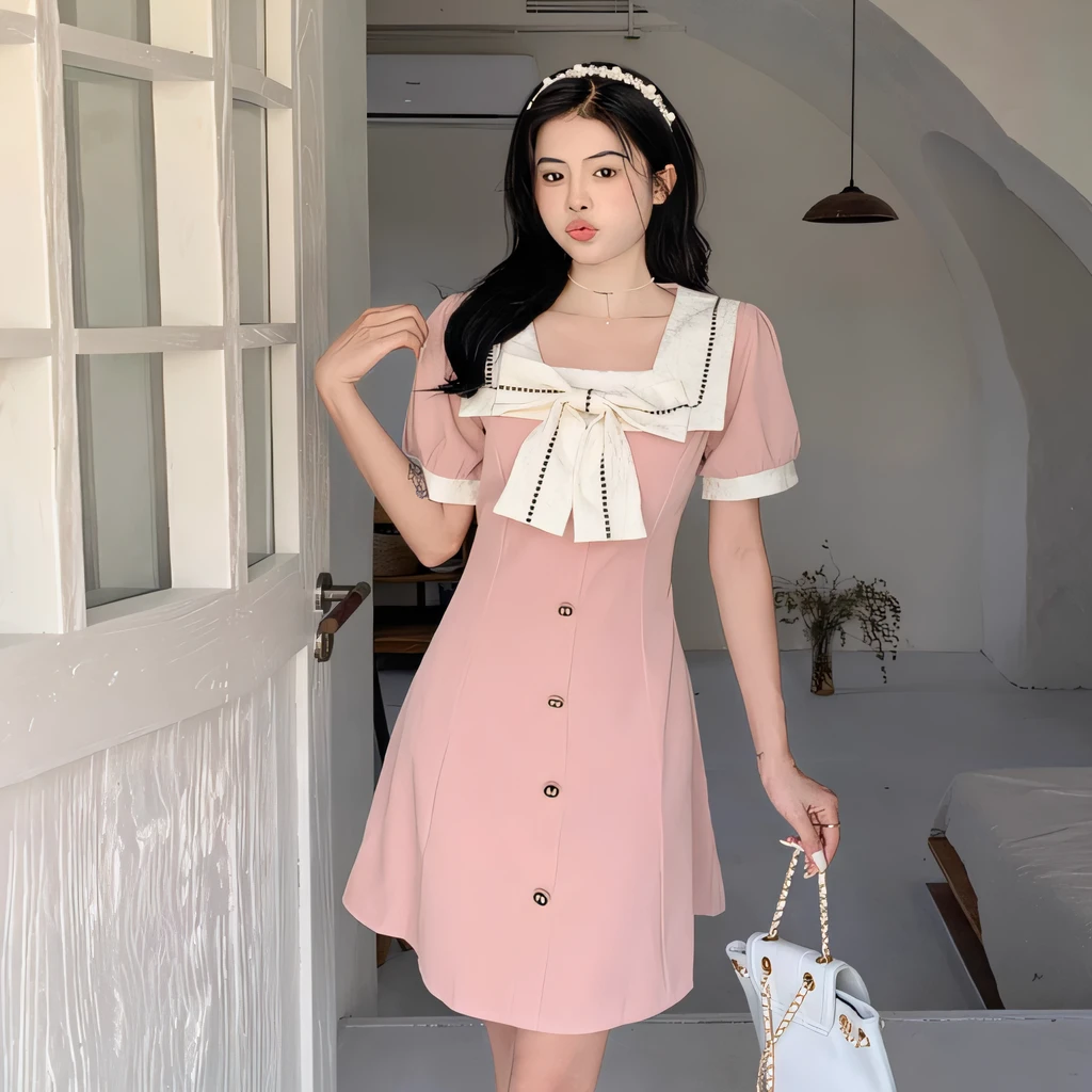araffe woman in a pink dress and white bow tie holding a white purse, wearing a pink dress, pink dress, dressed in a pink dress, cute dress, dress, feminine girly dress, romantic dress, (pink colors), 2 0 2 0 fashion, full body cute young lady, simple dress, pink clothes, wearing in a summer dress