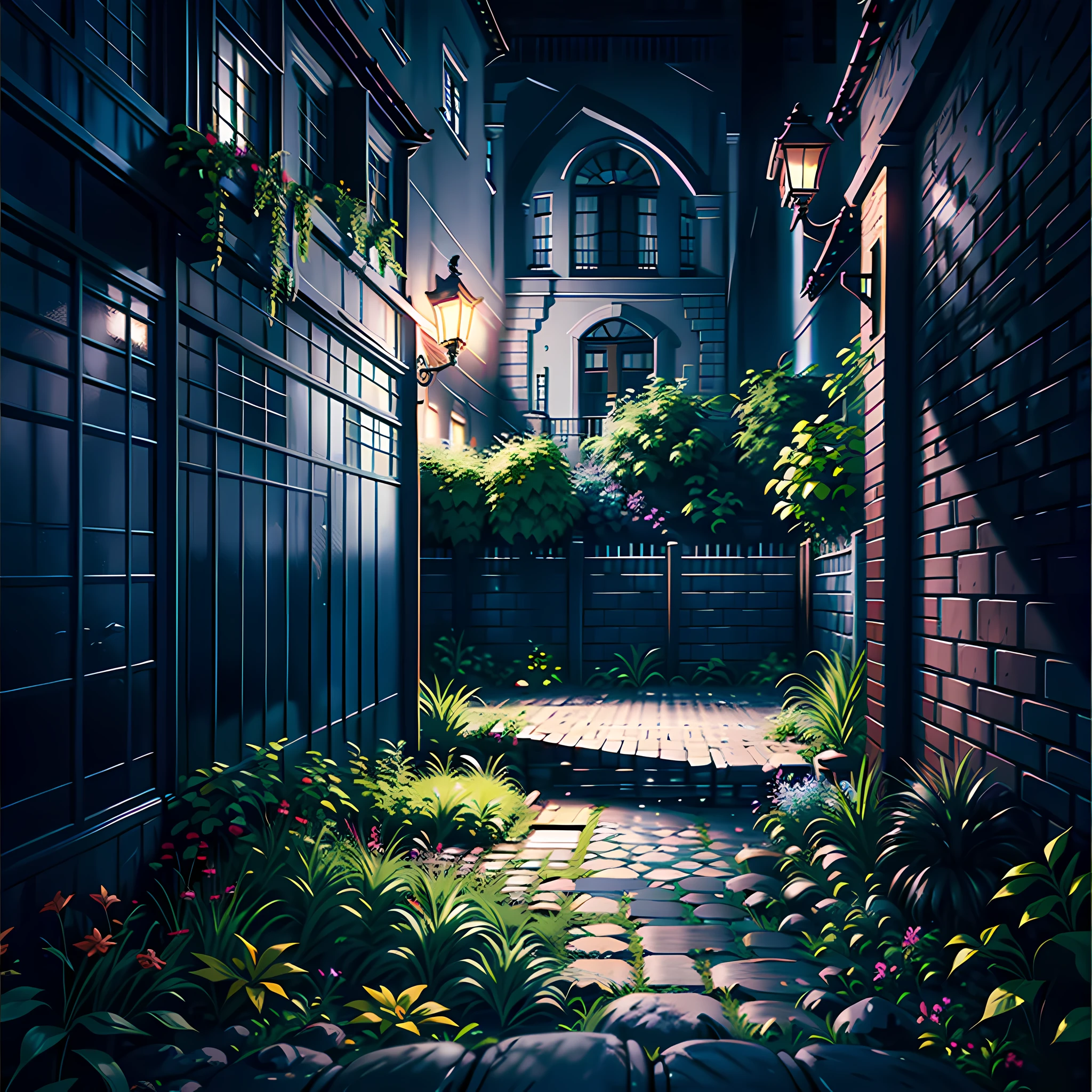 Dark night, small courtyard, current at gate, current on fence, current flow, highly real, 4K, chiaroscuro, super detail