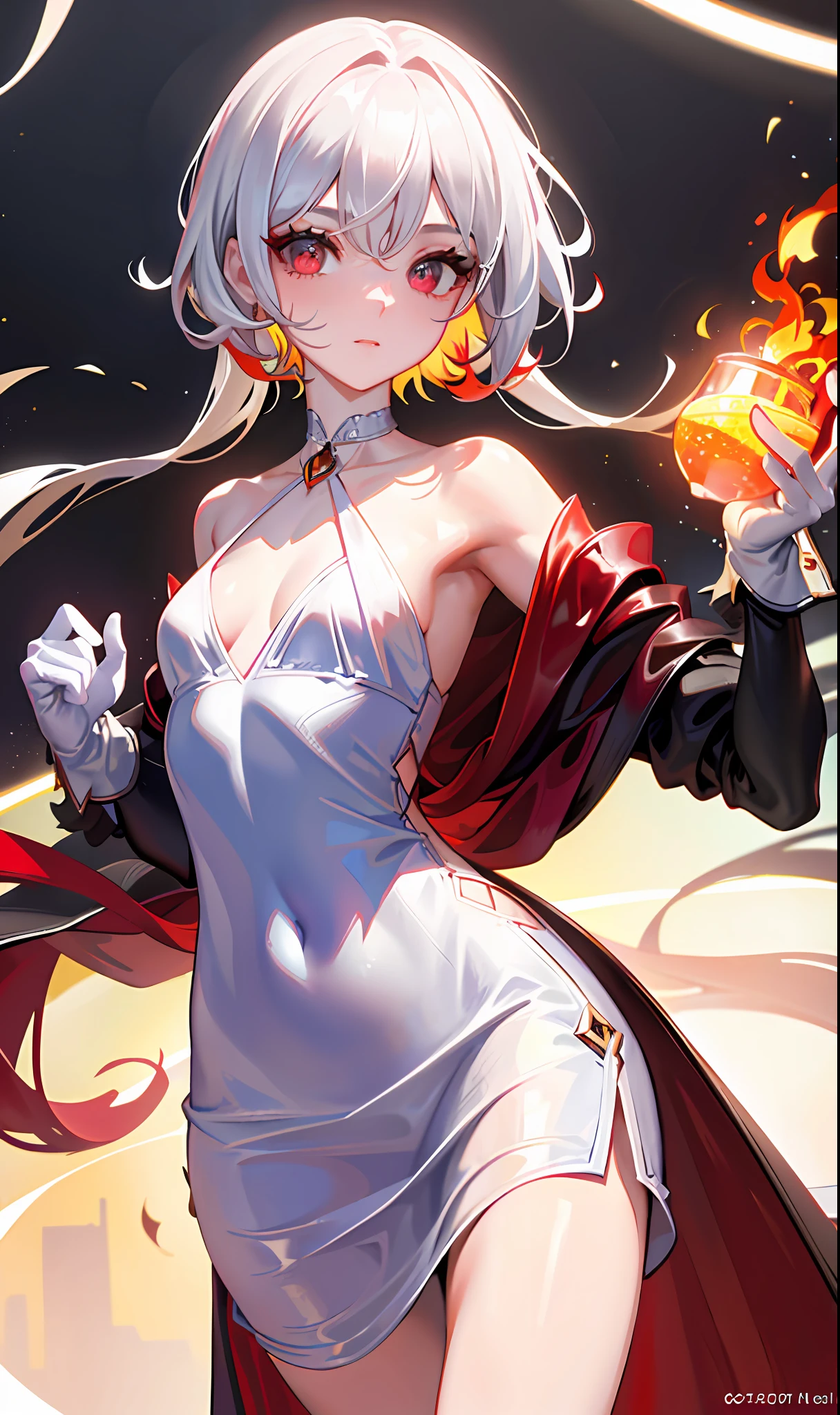 (Masterpiece, Side Light, Fine Beautiful Eyes: 1.2), (Masterpiece * Portrait), Portrait, (Bust), Realistic, 3D Face, Sweet Skin, (Solo), (Close-up of Face), (Fire Opal General Scarlet Eyes), Hanging Corner of the Eye, ((High Detail Skin, Visible Pores)), (Perfect Figure), A Beautiful Girl, Small Breasts, (((Clear Dress)), (Neck Ring), (Short Glove as Short as Half the Palm)