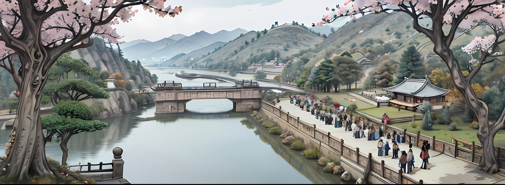 1 painting "Picture of the Upper River in the Qingming Dynasty", by Zhang Zheduan, silk scroll, light color, height 24.8 cm, length 528.7 cm, Palace Museum, Beijing. 1 scene, the capital of the Northern Song Dynasty, Bianjing (Kaifeng), Bianhe River and its banks, busy and lively, Spring Festival. Lively, many people, people coming and going, different classes, clothing, expressions, activities. Many buildings, city gates, bridges, shops, temples, houses. Many ships, barges, cargo ships, passenger ships. Many vehicles, trolleys, carriages, sedan chairs. Many trees, willow, pine, peach blossoms. Perspective technique, realistic style, rich details, rhythmic composition.