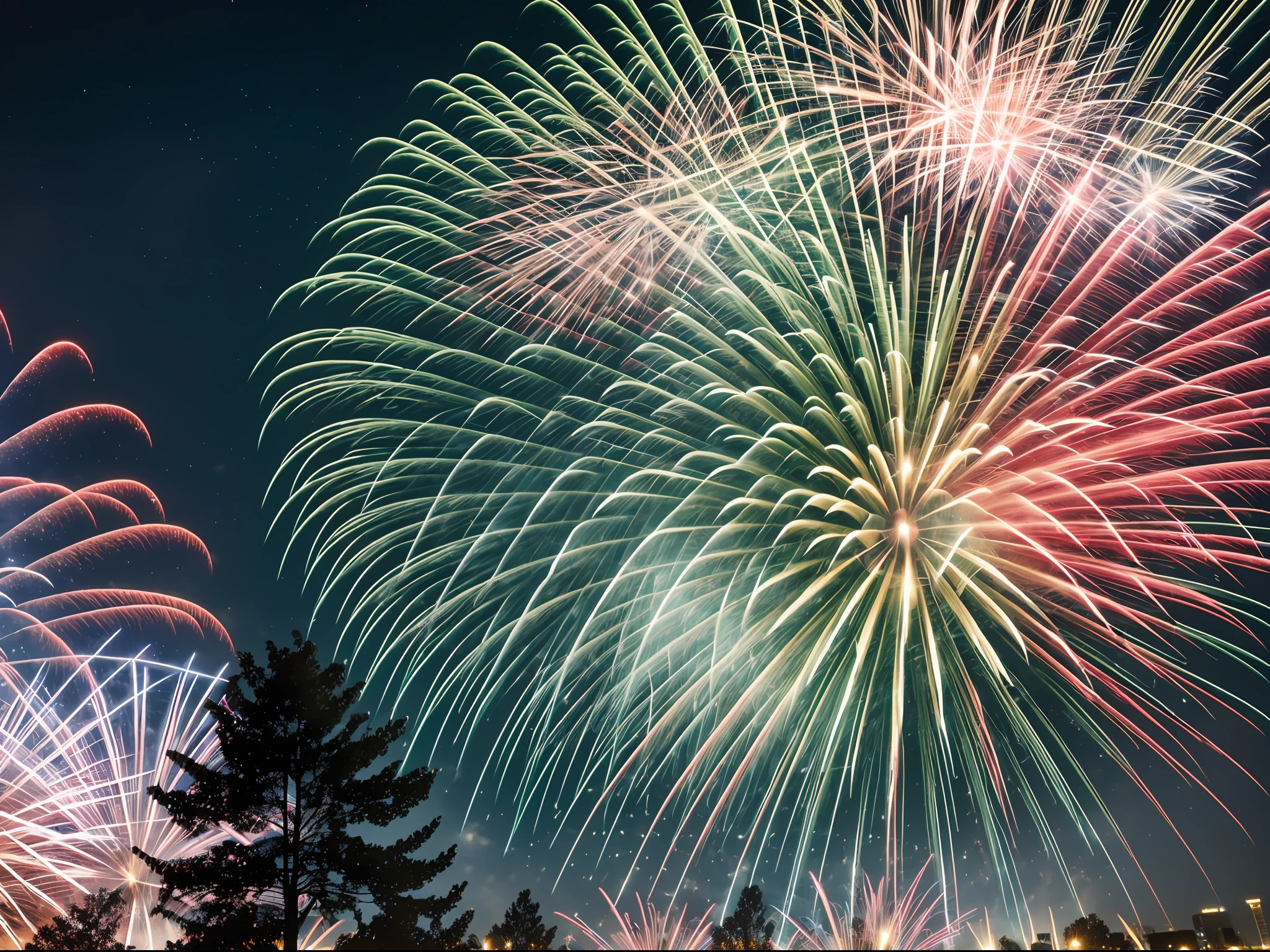 ((top quality, 8k, masterpiece, photo)), fireworks illuminated in the night sky with green light, shutterstock, istock, fireworks, [fireworks in the sky]!!, background fireworks, fireworks, background fireworks, background fireworks, celebrate, fireworks, pexels, July 4, stock photo, stock image, colorful explosion, by Stefan Gierowski, shot by Canon EOS 5 D Mark IV, Shot with Sony A7R camera --auto --s2