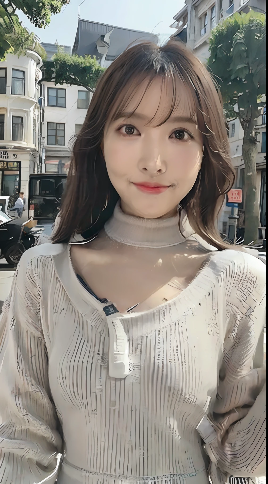 best quality, photorealistic, 8k, high res, 1girl, woman, (skindentation), (portrait:0.6), ((cityscapebackground:1.52)), full color, ((smallsize round breast, highneck sweater:1.5)), straight-looking at viewer:1.8, (1girl eyes looking at viewer:1.45, medium-length hair, blackhair, partedbangs:1.45), (bokeh),
