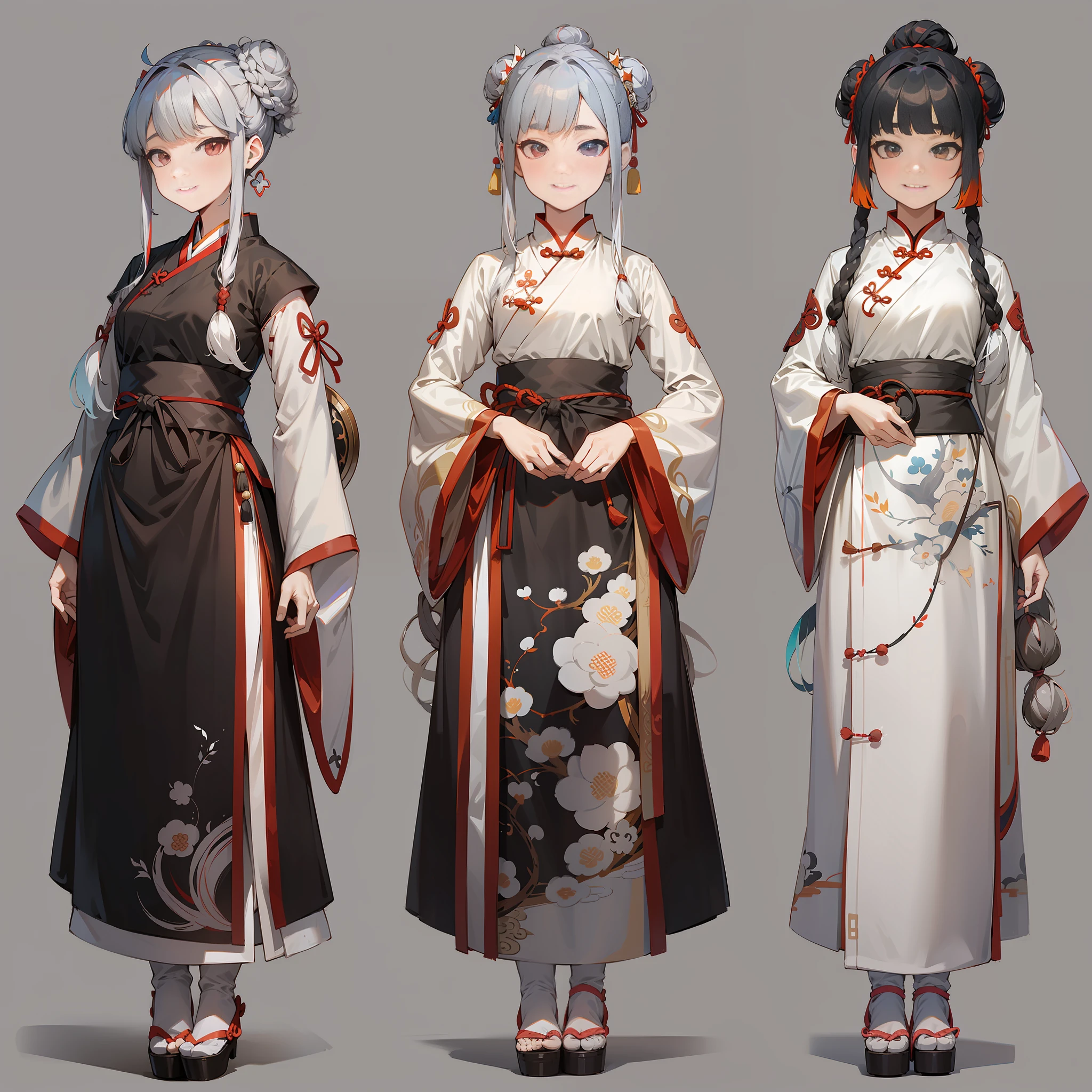white background, hanfu, traditional chinese clothing, cloth shoes, a girl, multicolored hair, multicolored hair, black hair, hair behind the ears, bun, cross bangs, kan tashi, star pupils, gradient eyes, smile, ghibli-like colors, anime style, mixed, character diagram, reference table, multiple views, three views, anatomically correct, ccurate, masterpiece, UHD, super detail, high detail, high quality, best quality, high resolution, 8K --auto --s2