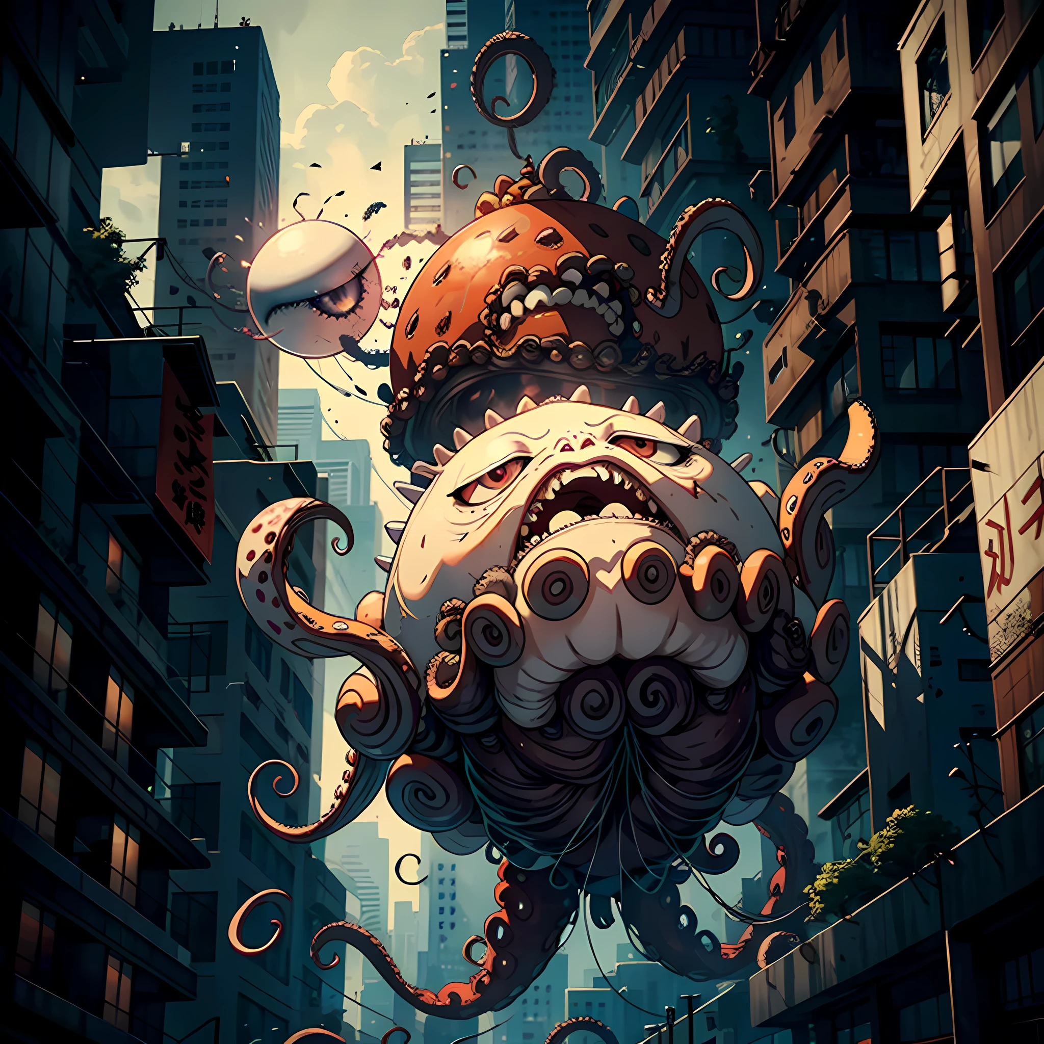 1 ball of meat, one eye, huge vertical eye, octopus tentacles, floating in the air, tentacles slapping tall buildings, panicked crowds, ruins