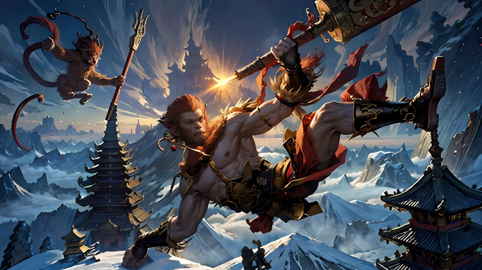 (highres:1.4),official art, unity 8k wallpaper, ultra detailed, beautiful and aesthetic, masterpiece, best quality, realistic, (fractal art), epic scene, highres, (masterpiece), (best quality), pov from above, Sun Wukong, ([golden:red]:0.4) fur, ([heavy Chinese armor:red cape]:0.4), (one hand holding the Golden Cudgel:1.2), ([monkey king|Sun Wukong]) stomp on ground ready to fly to the top of an ancient Chinese temple ready to battle, tall ancient Chinese temple, night, night sky, (cracked ground:1.2), feet on ground, monkey walking on ground, snow and cloud on the horizon, flying,