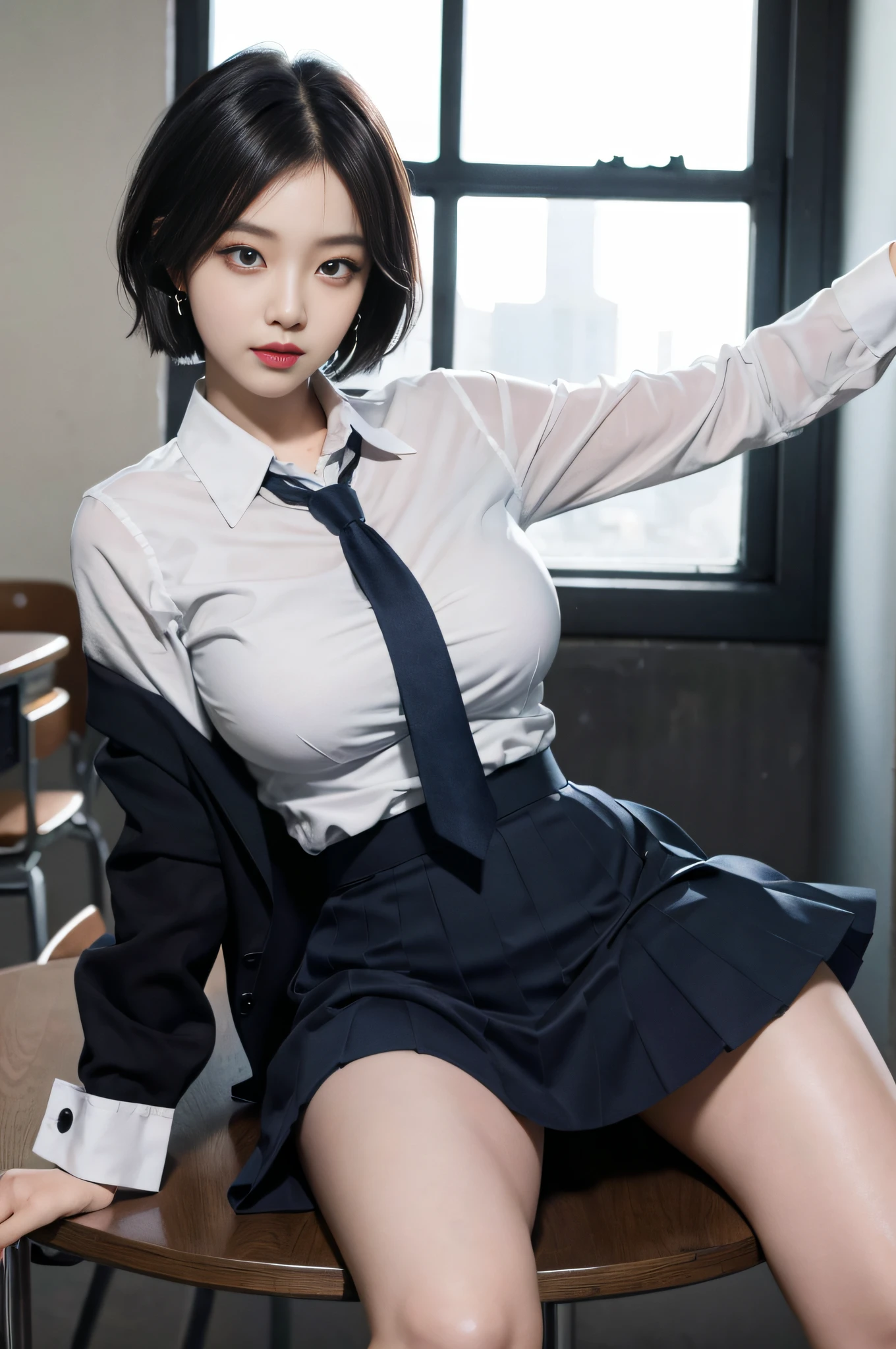 8K RAW photos, high resolution, 21 year old cool Korean, big round breasts, school uniform, tie, tie ribbon, blazer, skirt, beautiful eyes in detail, long eyelashes, beautiful double eyelids, eye shadow, slit eyes, sanpaku eyes, dark eye makeup, evil smile, beautiful thin legs, short hair tied at the back, earrings, school staff room