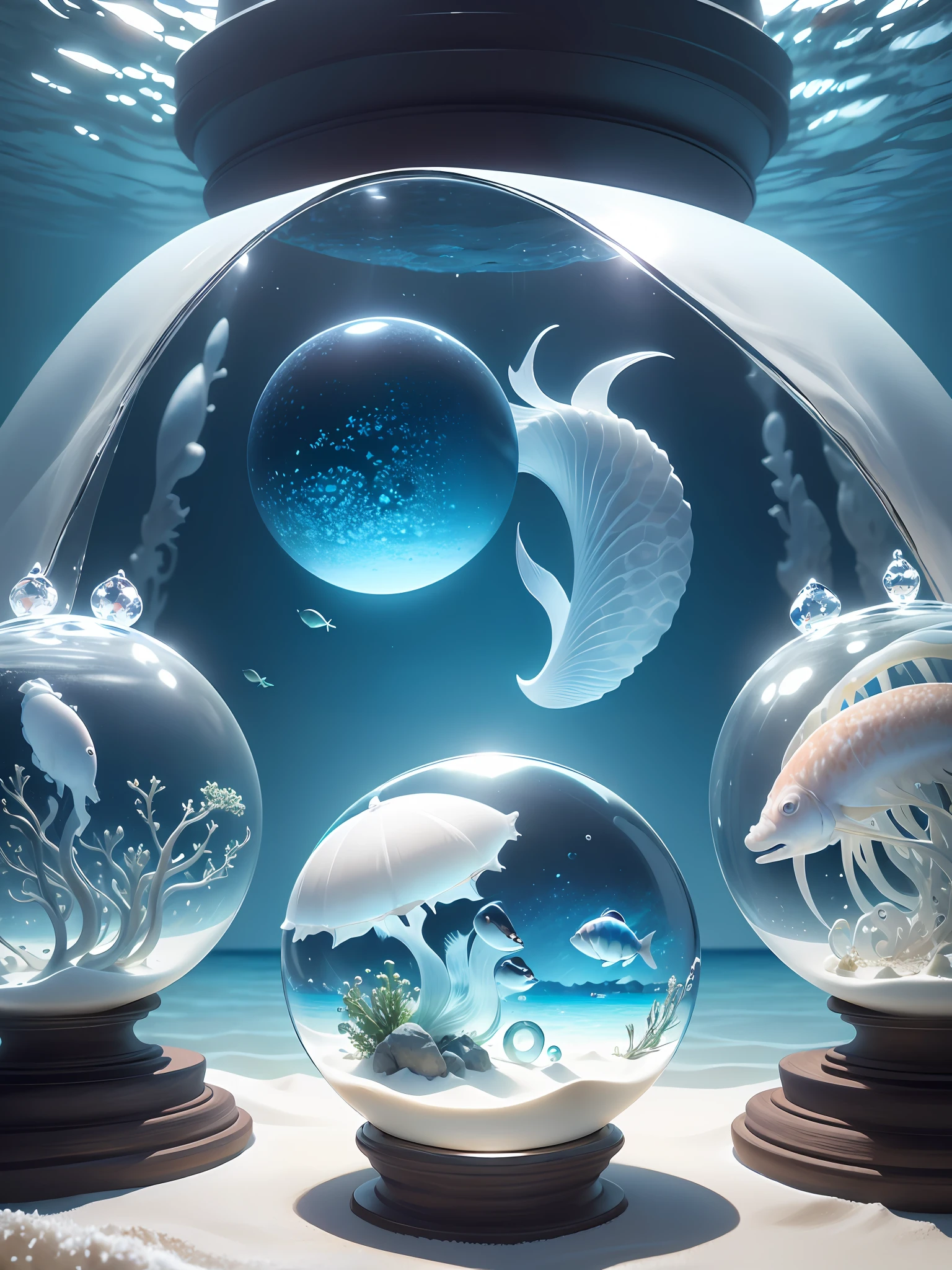 Ultra-realistic, 16K high resolution, (Max Sharp Focus: 1.3), (Max Close-up: 0.5), (Undersea dome trapped in a crystal perfect ball with pedestal: 1.7), (White sand, small fish and squid: 1.3)