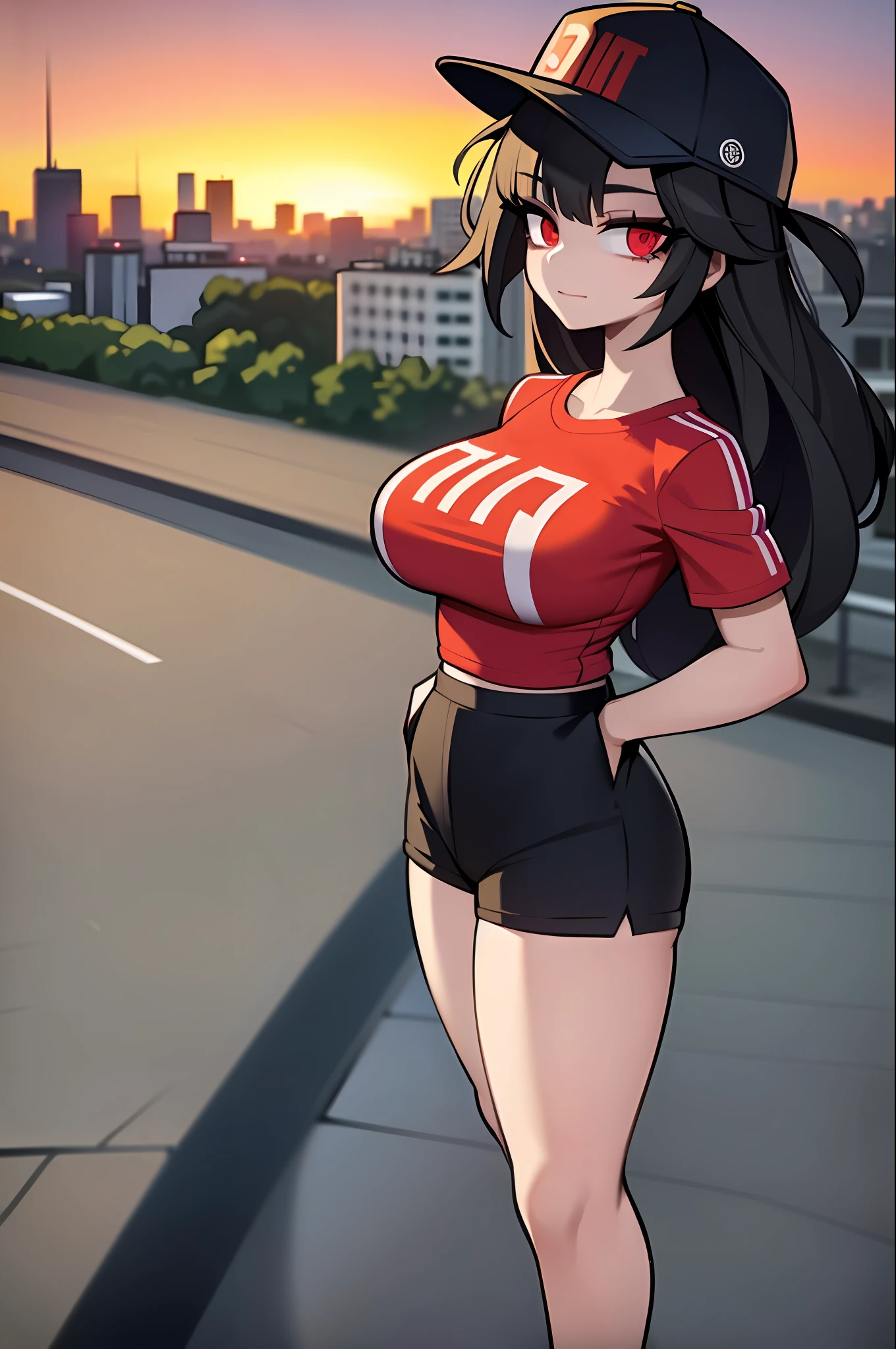 ((masterpiece, best quality)), (1girl), (solo), (female focus), (city view:1.2), (sunset:1.3), (standing:1.3), Streetwear, Retro style clothes, athletic clothing, sneakers, accessories, snapback, long t-shirt, shorts, black hair, red eyes, large breasts, goth, tall woman (very wide shot: 1.5)