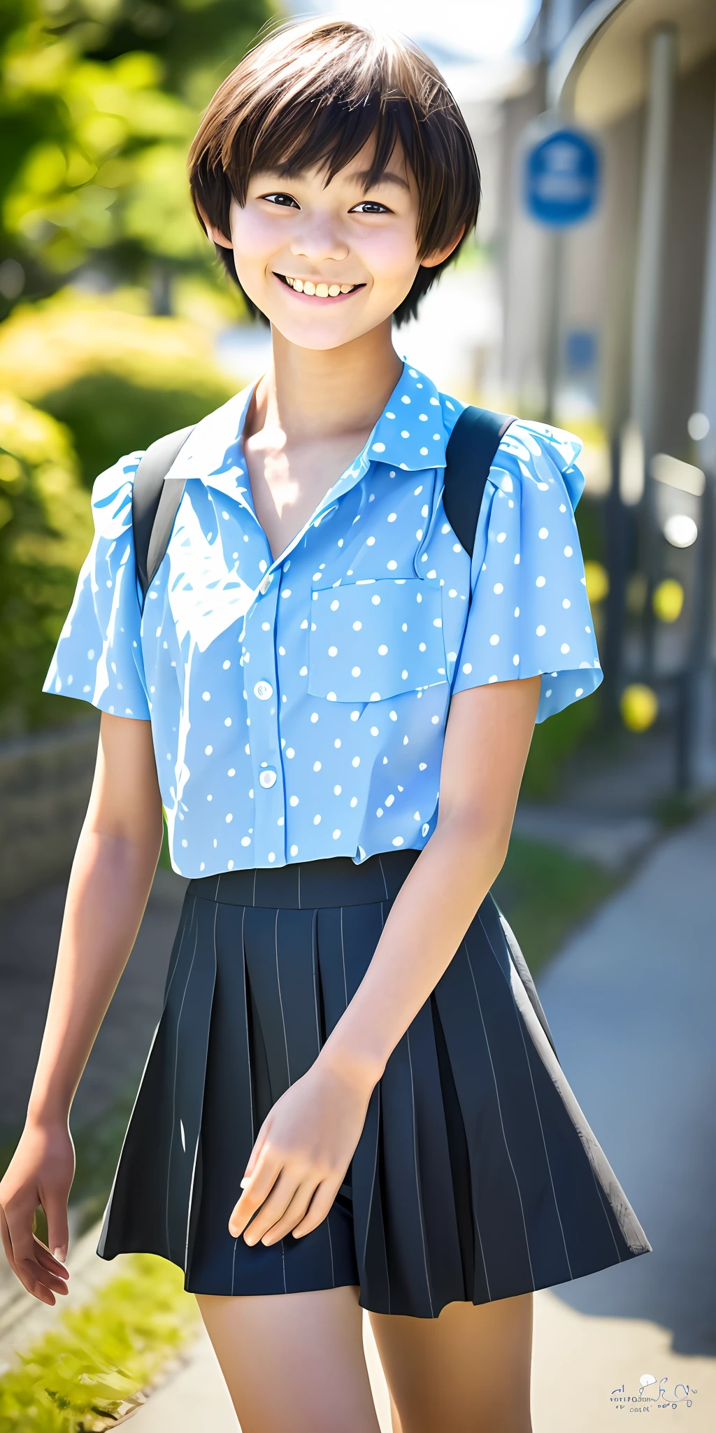 (best quality), (raw photo), (beautiful 10yo Japanese girl), (cute child-like face), (flat chest), (masterpiece),
(freckles:0.6), cute lips,
dynamic lighting,
smile, shame,
beautiful thigh,
pixie cut,
walking home from school,
polka dot blouse,