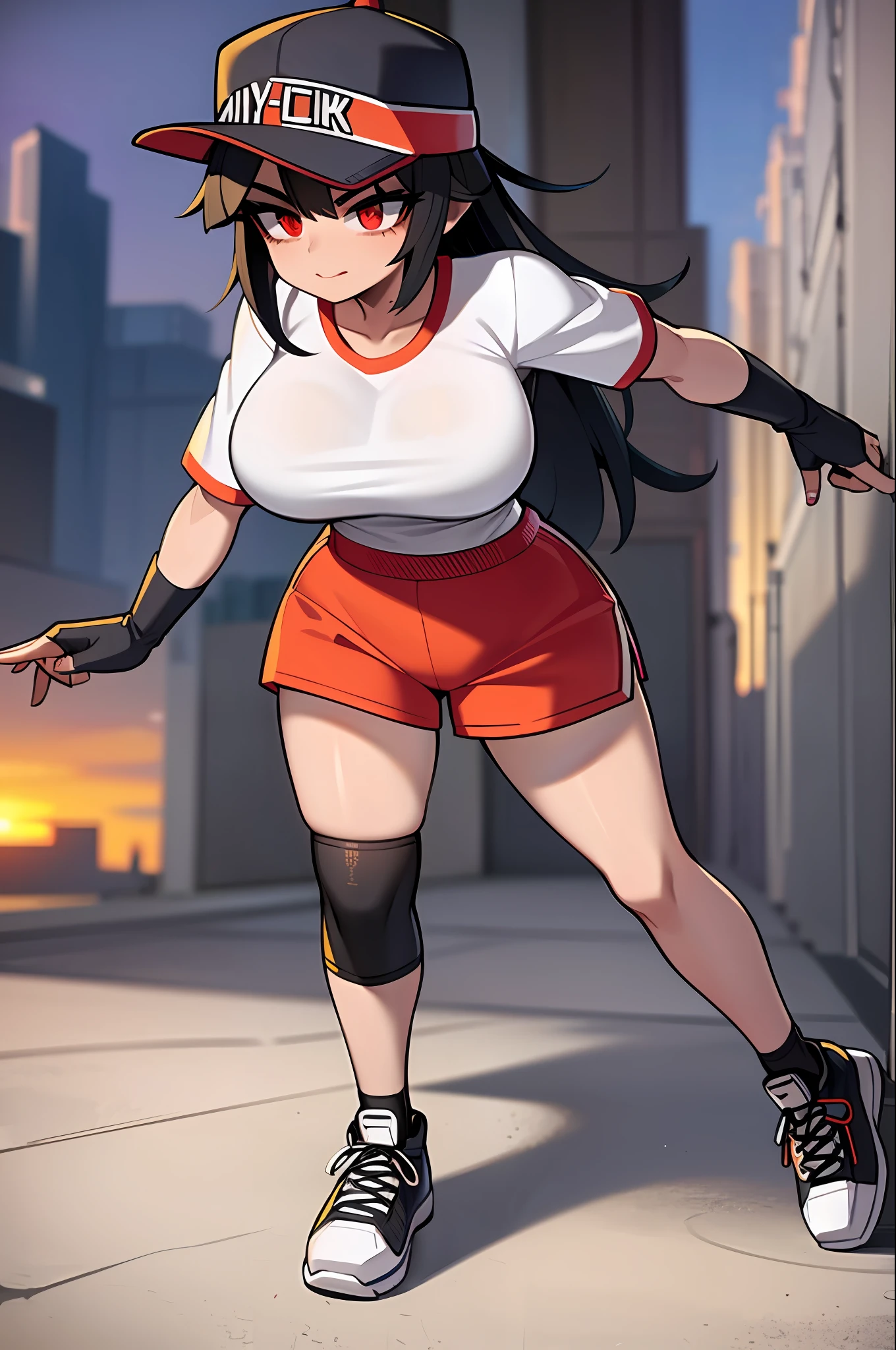 ((masterpiece, best quality)), (1girl), (solo), (female focus), (city view:1.2), (sunset:1.3), (standing:1.3), Streetwear, Retro style clothes, athletic clothing, sneakers, accessories, snapback, long t-shirt, shorts, black hair, red eyes, large breasts, goth, tall woman (very wide shot: 1.5)