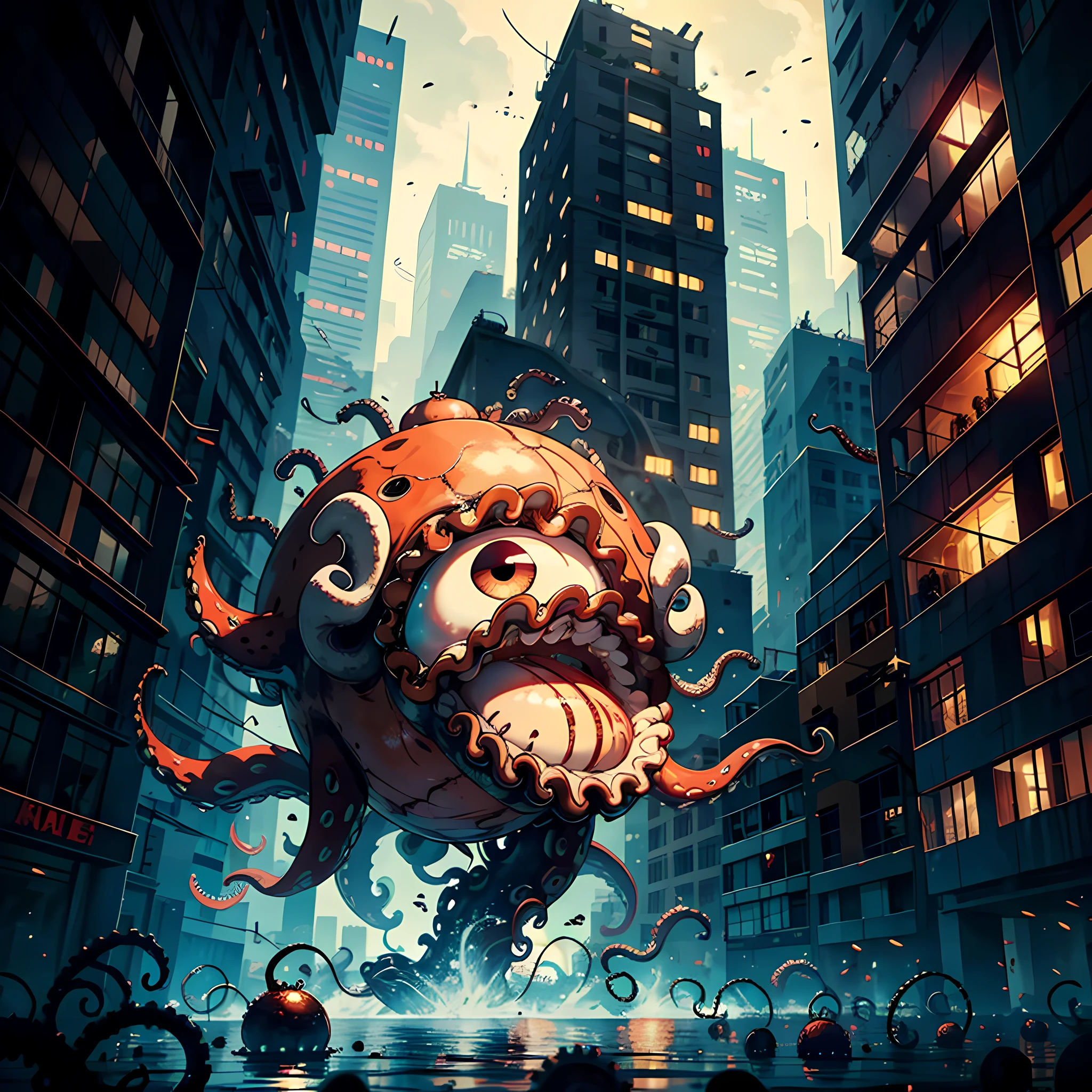 1 ball of meat, one eye, huge vertical eye, octopus tentacles, floating in the air, tentacles slapping against tall buildings, panicked crowds, ruins, missiles