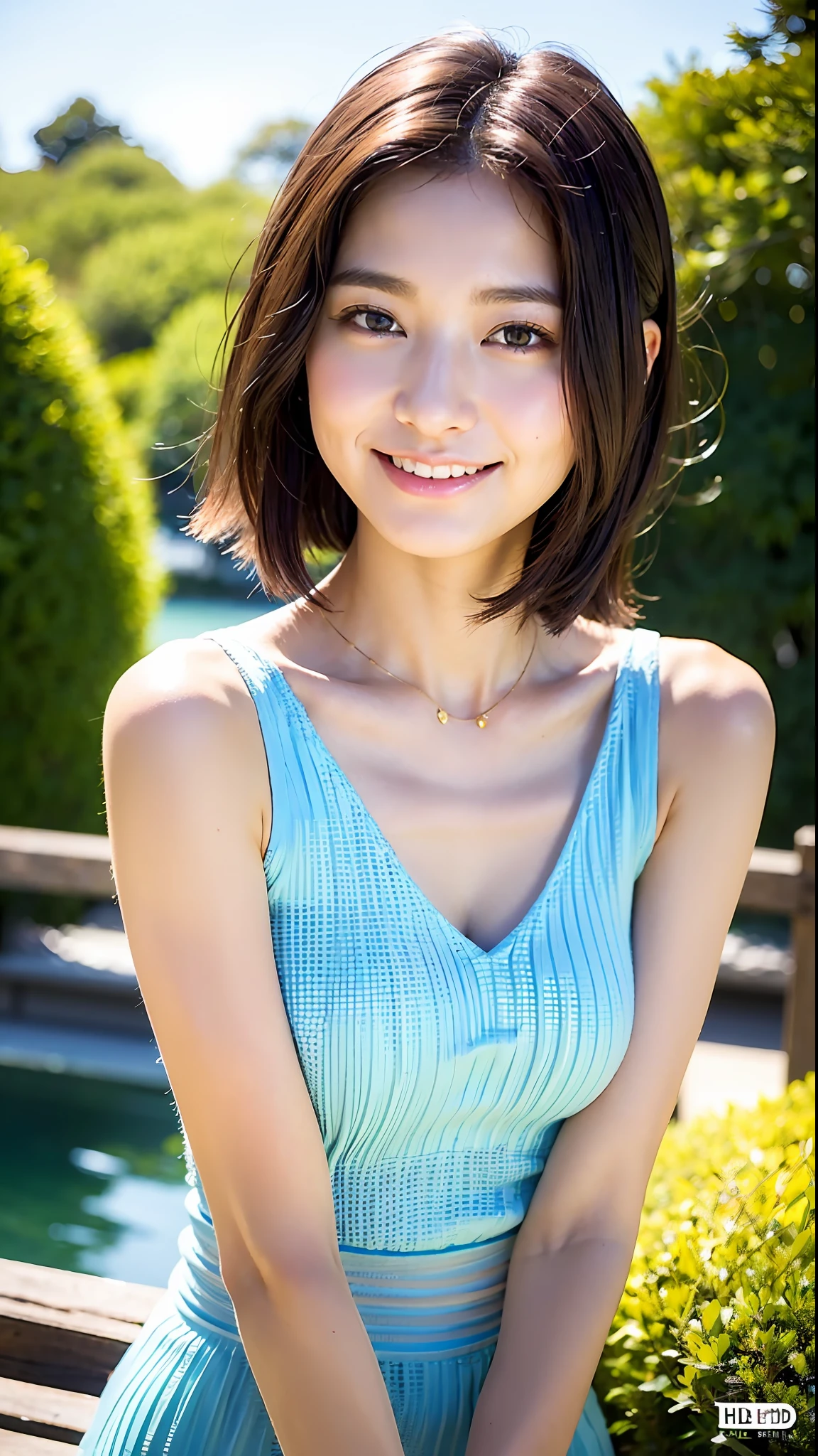 (Top Quality, 8k, 32k, Masterpiece, UHD: 1.2), 1 girl, 18 years old, Beautiful perfect face, pretty Japan, Big, Holiday, Soft smile, Beautiful eyes, Intricate details, Fine-grained skin, Short hair,