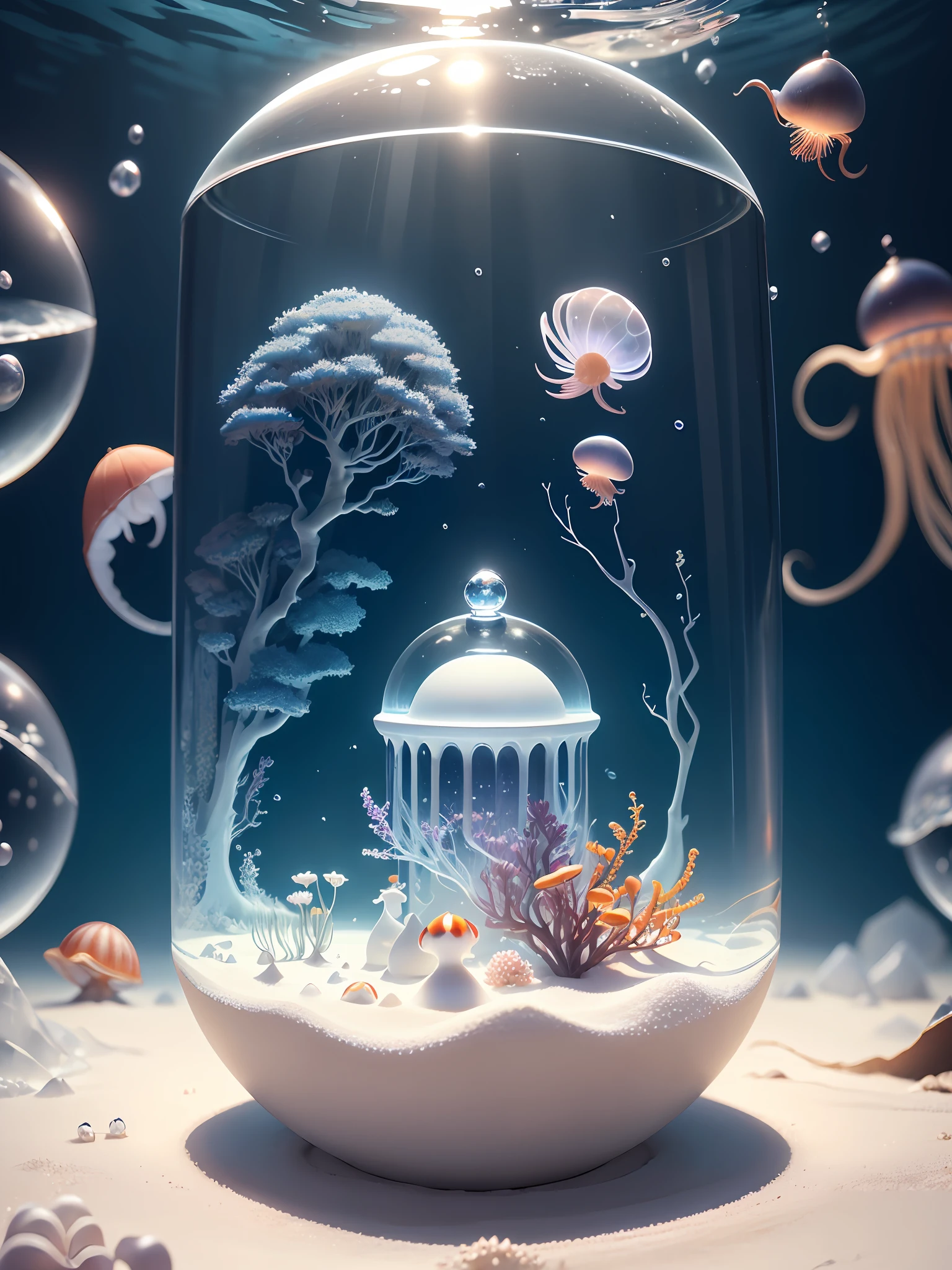 Ultra-realistic, 16K high resolution, (Max Sharp Focus: 1.3), (Max Close-up: 0.5), (Undersea dome trapped in a crystal perfect ball with pedestal: 1.7), (White sand, fish, squid, shellfish and jellyfish: 1.3)