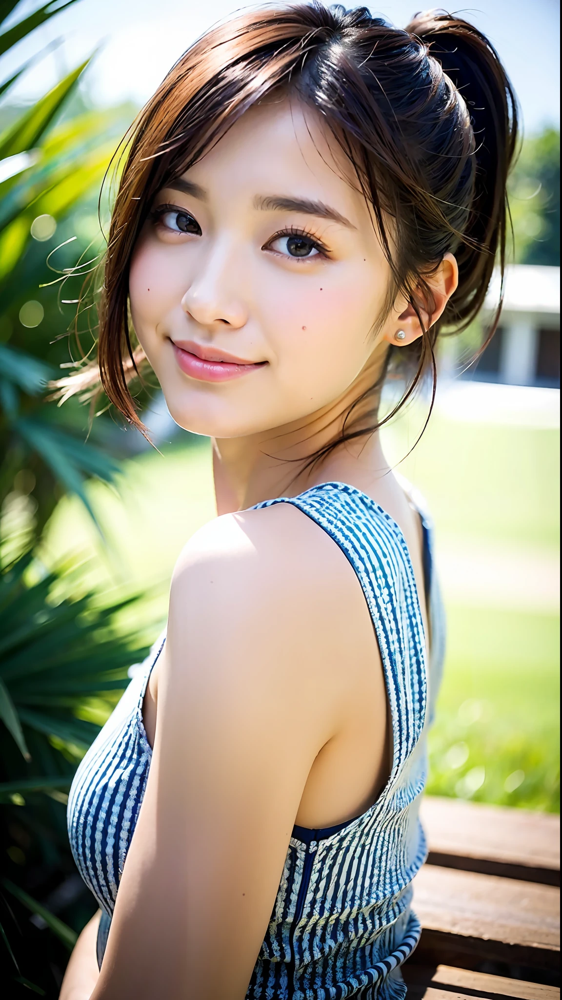 (Top Quality, 8k, 32k, Masterpiece, UHD: 1.2), 1 girl, 18 years old, Beautiful perfect face, pretty Japan, Big, Holiday, Soft smile, Beautiful eyes, Intricate details, Fine-grained skin, Short hair,