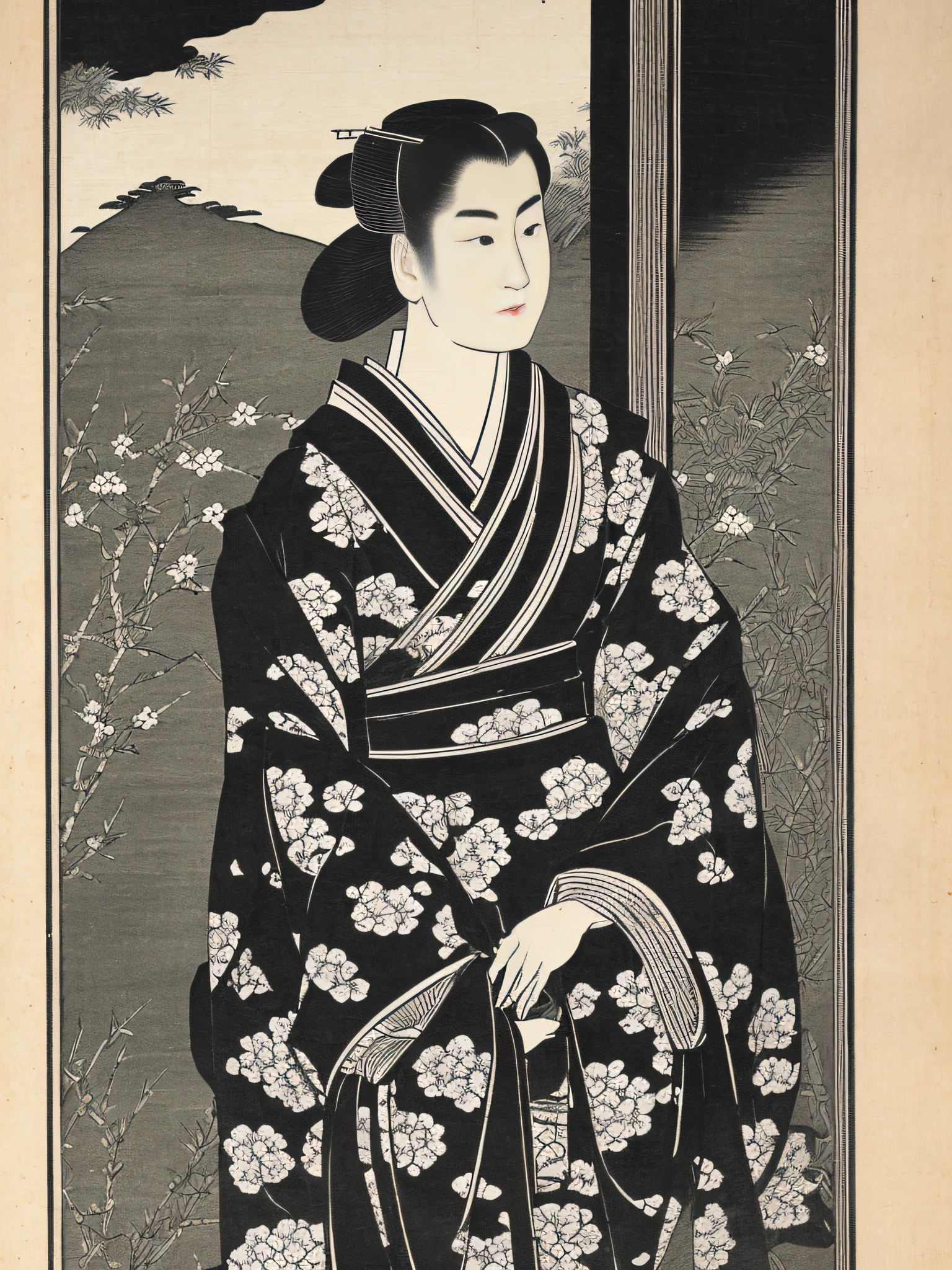 Ink woodblock print (black and white) of a 32-year-old woman wearing a yukata from the Edo period (elegant Japan) Window Touching cheek Do not use color There is chafing A painting in which irises are grown in a jar.