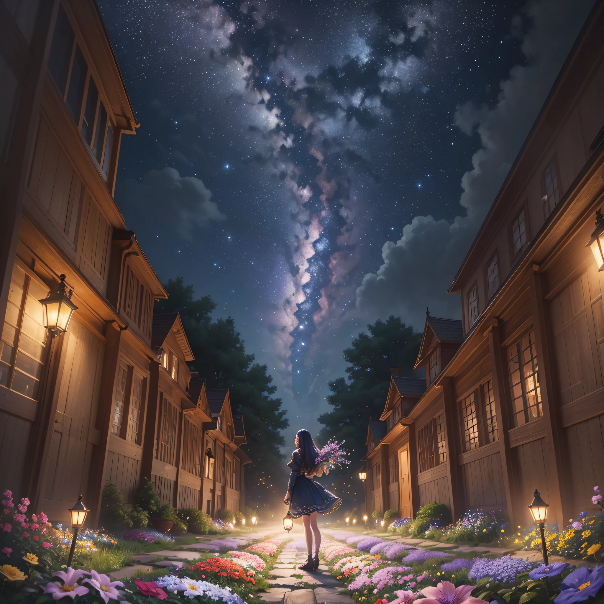 ((masterpiece)), (best quality), (detailed), Ultra-clear details, photo-realistic depiction of Amy's nocturnal adventure in the legendary garden. Show Amy standing under the starry sky, surrounded by vibrant flowers emitting a mesmerizing, multi-colored glow. Capture the enchanting moonlight illuminating the scene and the delightful aroma of the flowers permeating the air. --auto --s2