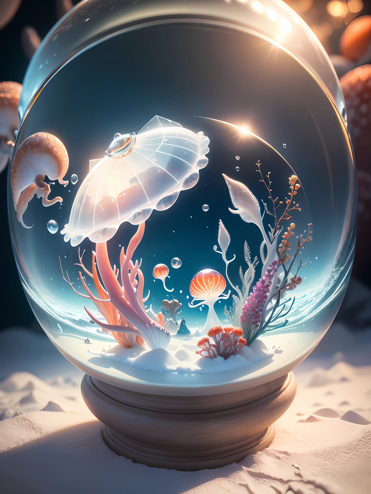 Ultra-realistic, 16K high resolution, (Max Sharp focus: 1.3), (Max Close-up: 0.5), (Undersea dome trapped in a crystal perfect ball with pedestal: 1.7), (White sand, fish, squid, shellfish, jellyfish, crabs, shrimp, octopus: 1.8)