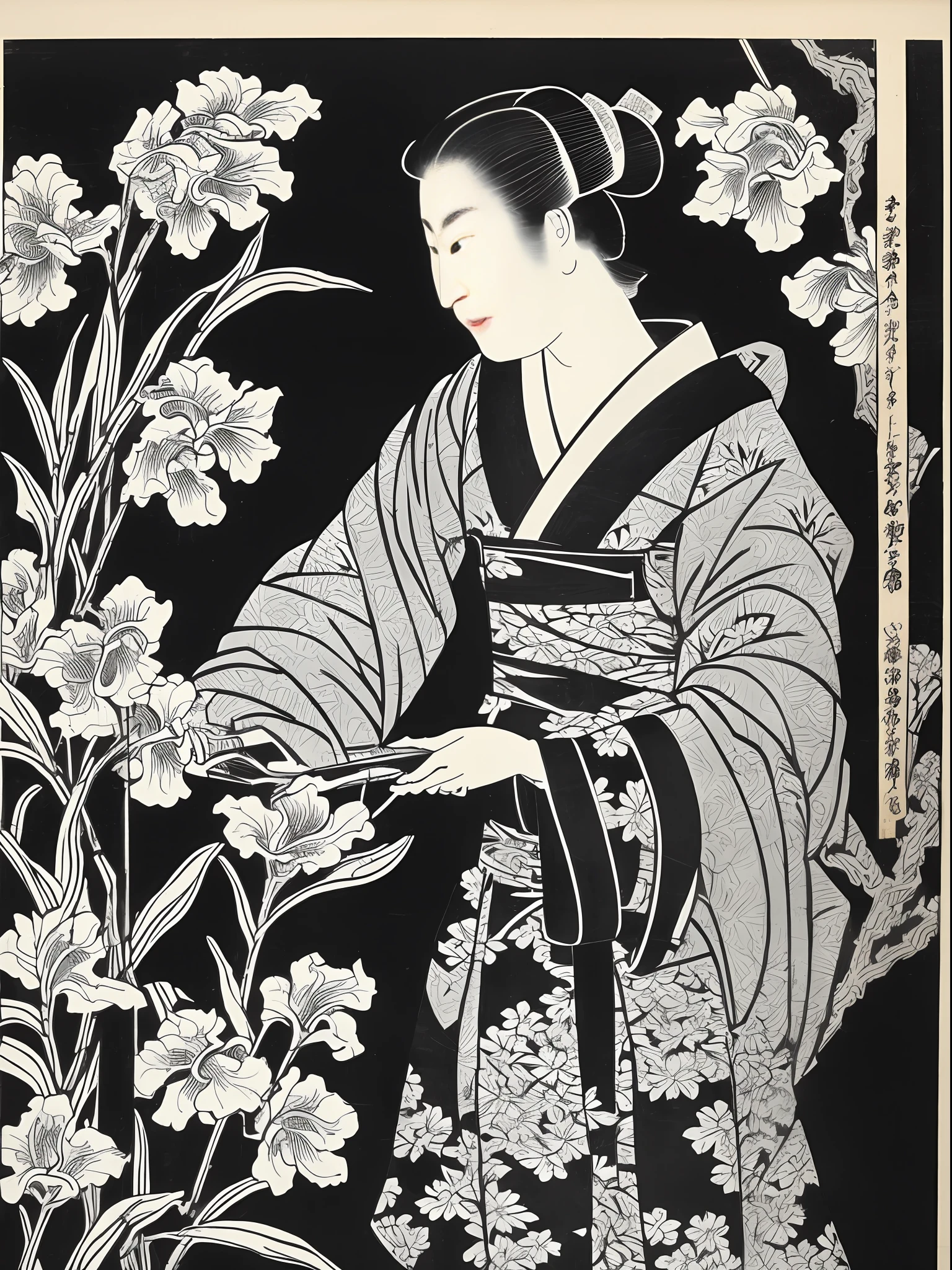 Ink woodblock print (black and white) of a 32-year-old woman wearing a yukata from the Edo period (elegant Japan) Window Touching cheek Do not use color There is chafing A painting in which irises are grown in a jar.