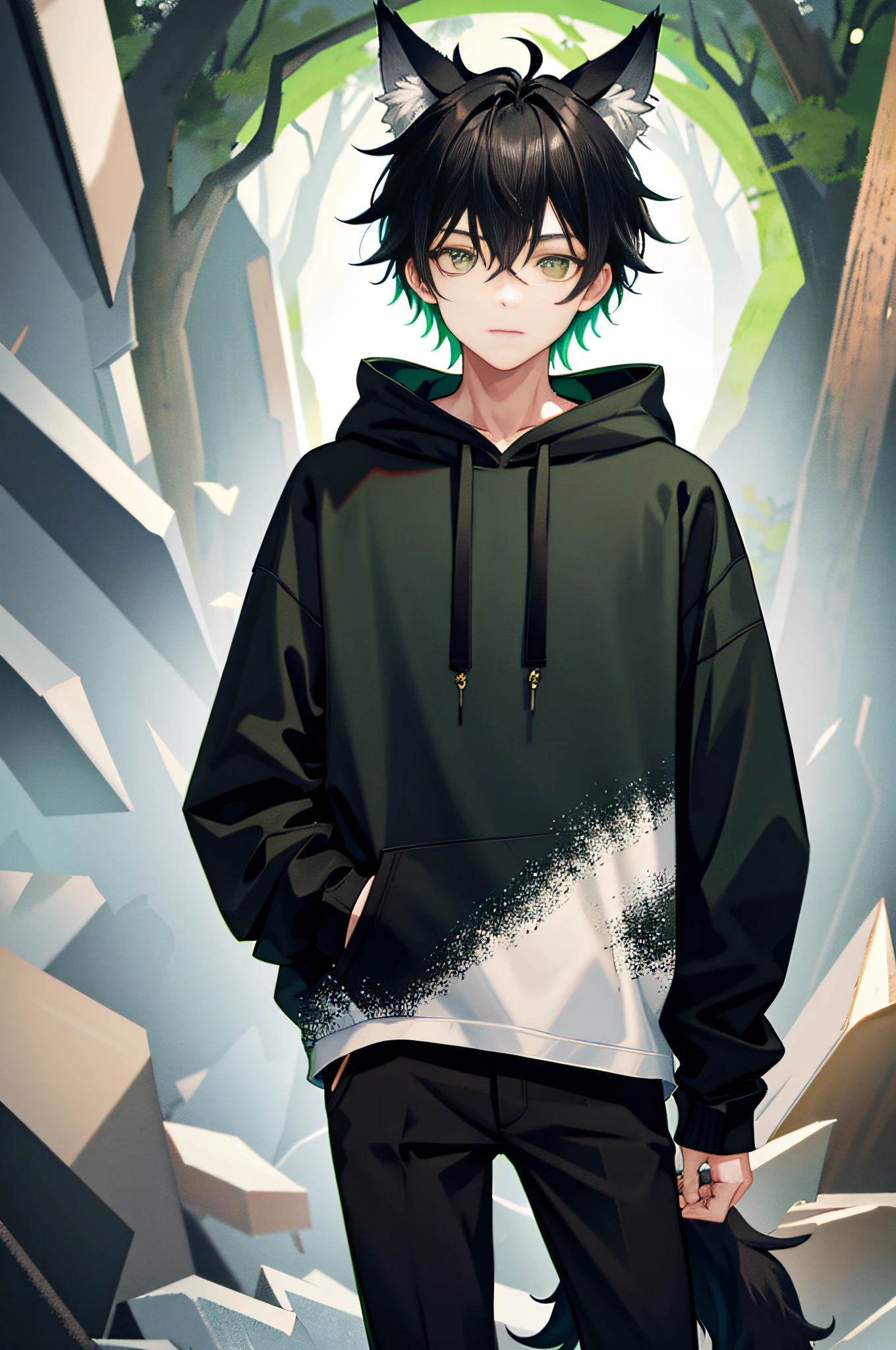 1boy, black hair, green eyes, wolf ears, wolf tail, androgynous, black pants, forest, vibrant, HD, best quality, black hoodie