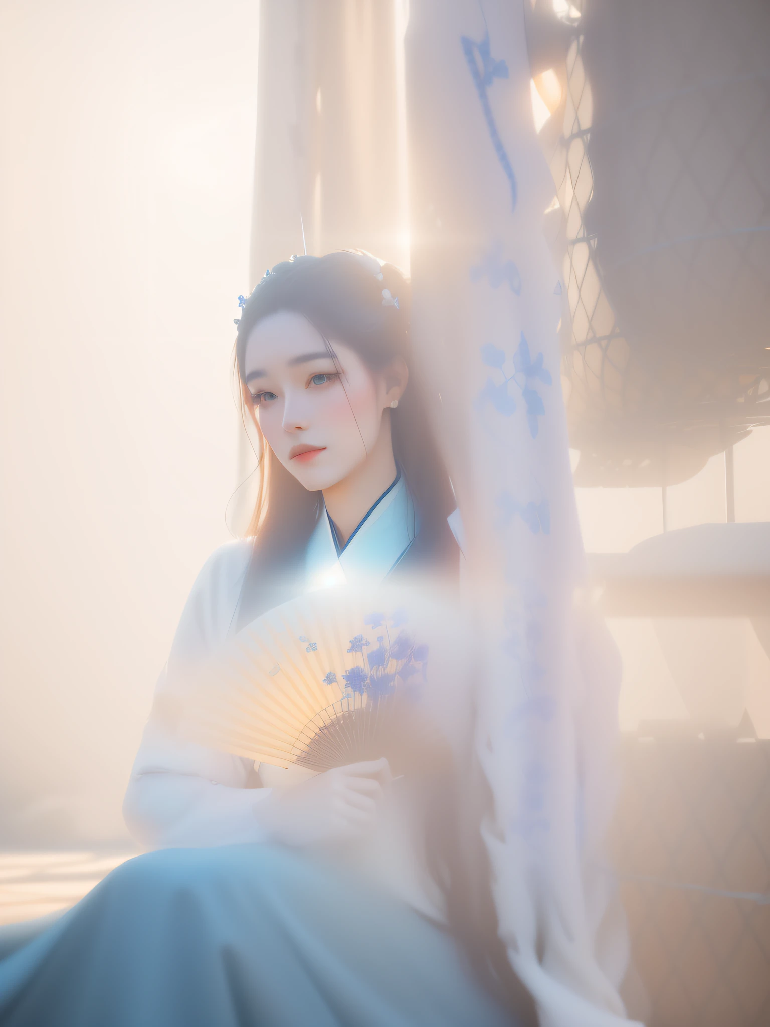 There are women sitting on the ground with fans, white Hanfu, court, Hanfu girl, Dila Badir Murat, inspired by Huang Ji, Hanfu, Shaxi, with ancient Chinese clothing, inspired by Chen Yifei, fan Bingbing, shooting inspired by Tang Yifen, fantastic atmosphere and drama, surrealist female portraits by David Hockney and Alphonse Mucha, fantasy art, photorealism, dynamic lighting, artstation, posters, volumetric lighting, very detailed faces, 4k, award-winning, 1girl, in the dark, deep shadow, low-key, denim photo, (formal wear: 1.4), long hair,
