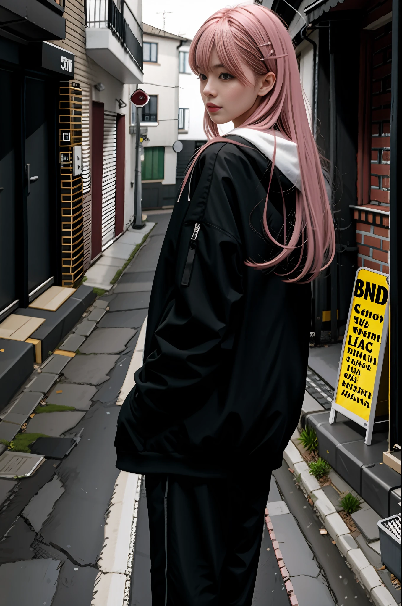 Realistic, realistic details, details
Break. Black hoodie. Long pants. Back alleys.
1 girl, beauty, seductive face,, fine skin, pink hair, long hair, navel, hair clip, hair ornament, thigh height,, full body, 
break
, simple background
break
Perspective, blurry background, third rule, sharp focus, depth of field
break
(Urzan-6500-V1.1:0.2)