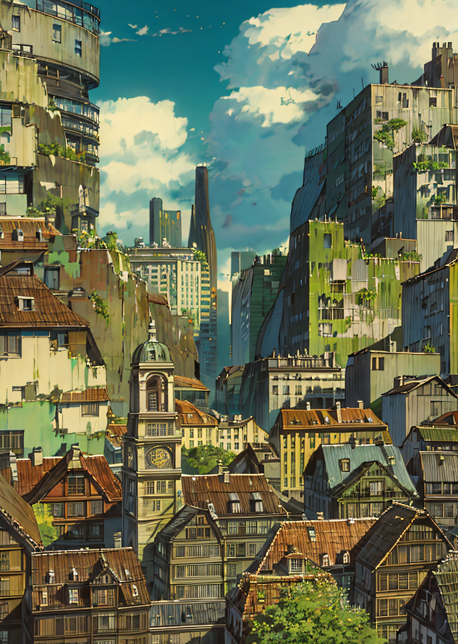 A 25-year-old couple sits on a disused high-rise overlooking a modern skyscraper city, skyscrapers, capturing the essence of romance and urban decay, embraced by the resilience of nature. Scenes depicting lush green vegetation climbing gracefully and intertwining with decaying buildings symbolize the harmonious coexistence of life and decay. Against the backdrop of the forgotten cityscape, the young couple is emphasized in contrast to their surroundings - their love, energy and hope for the future. Let their body language and facial expressions convey the beauty of serenity, contemplation, and shared moments in unconventional settings.