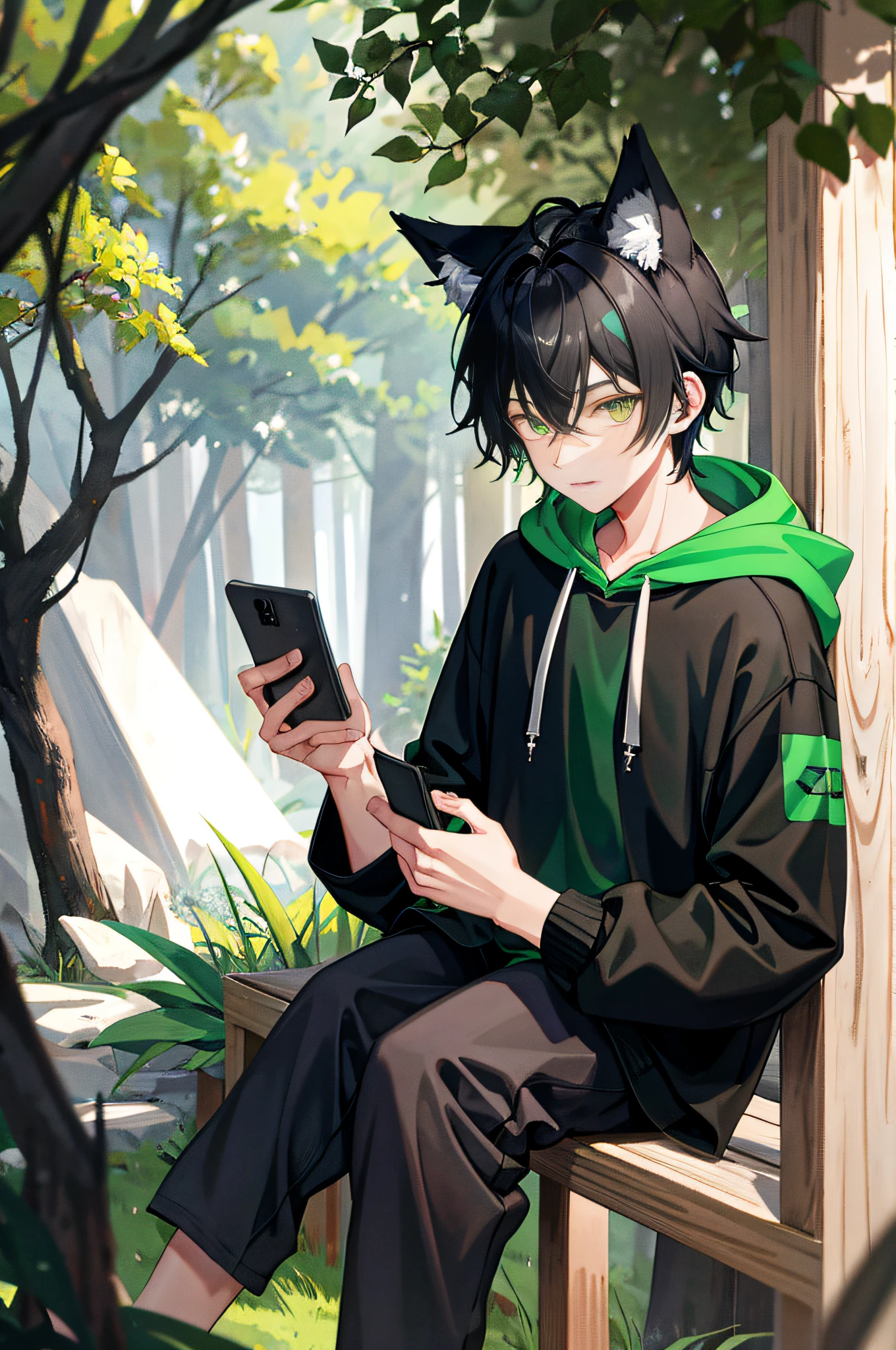 1boy, black hair, green eyes, wolf ears, wolf tail, androgynous, black pants, forest, vibrant, HD, best quality, black hoodie