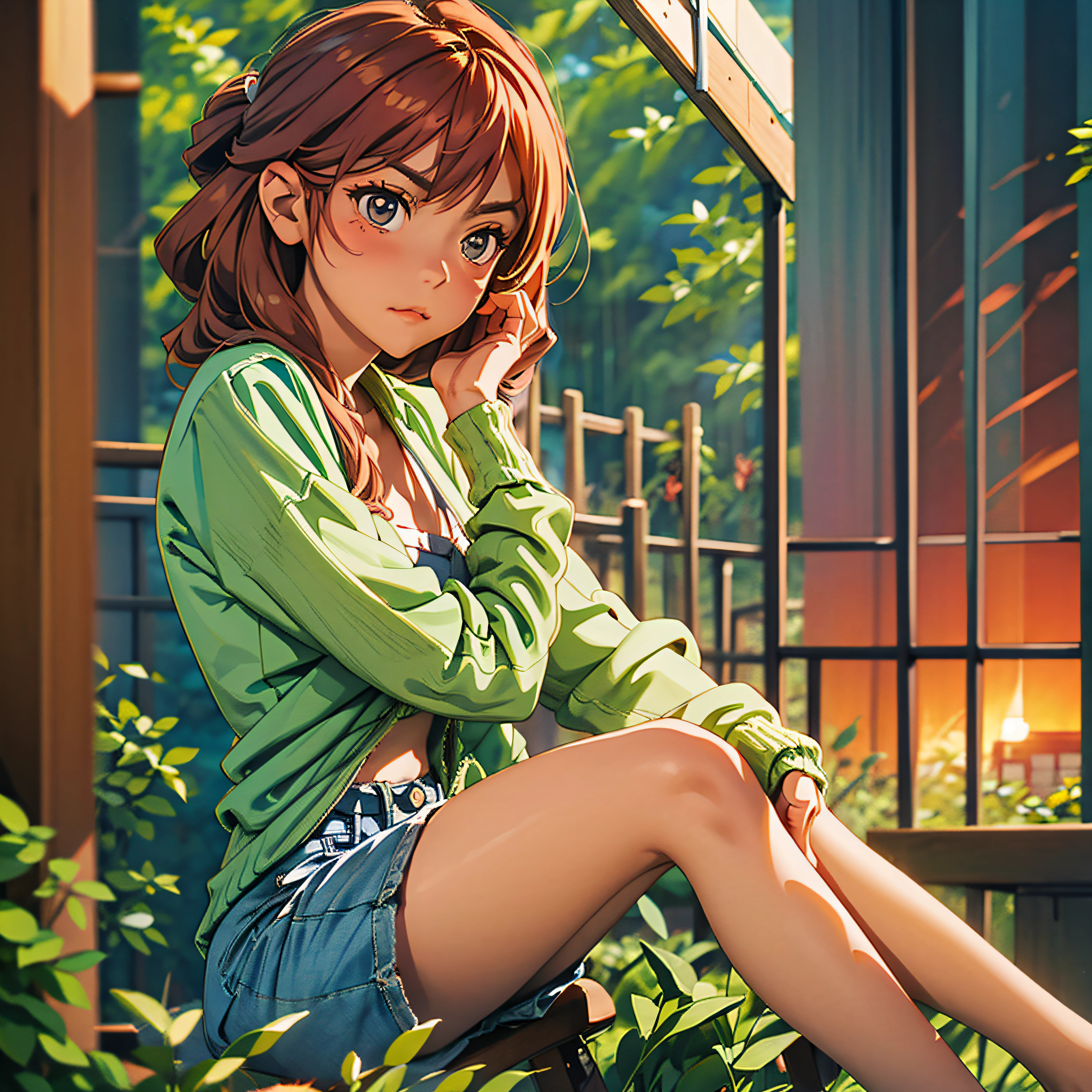 A beautiful girl, rural cottage background, sitting, sunset, sad, bumpy figure