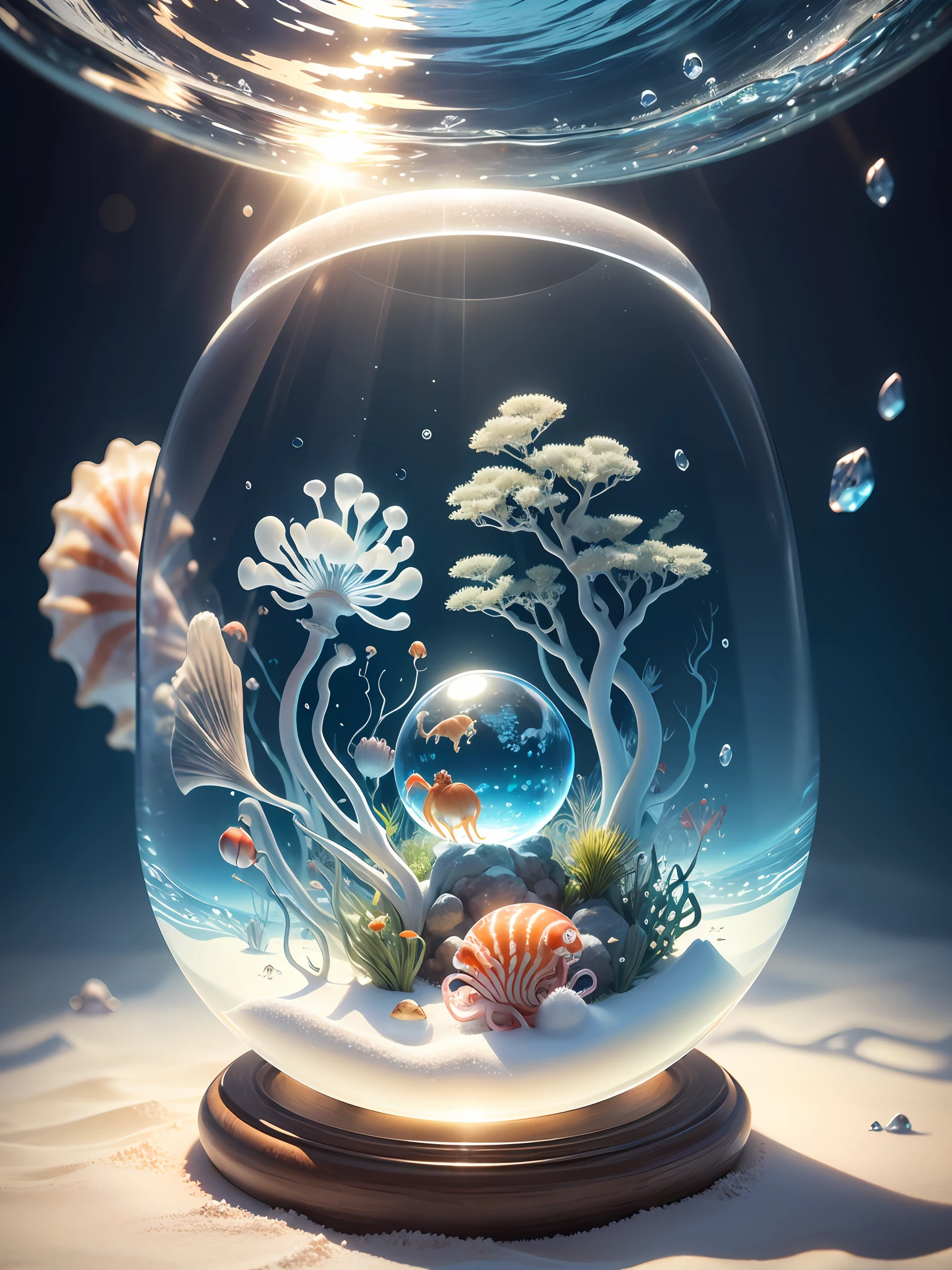 Ultra-realistic, 16K high resolution, (Max Sharp focus: 1.3), (Max Close-up: 0.5), (Undersea dome trapped in a crystal perfect ball with pedestal: 1.7), (White sand, fish, squid, shellfish, jellyfish, crabs, shrimp, octopus: 1.8)