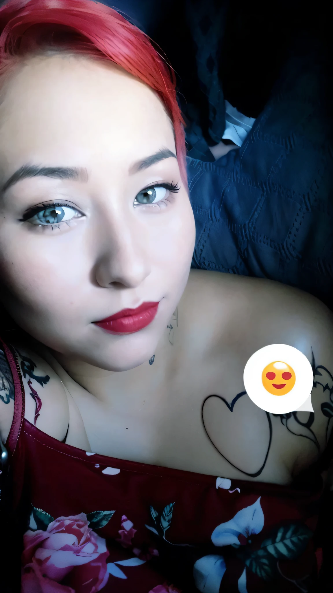 there is a woman with red hair and tattoos on her chest, snapchat photo, red lipstick on face, thick red lips, brown eyes with red eye markers, cheeky smile with red lips, eyes and lips, red contacts, instagram, sexy face with full makeup, selfie of a young woman, ayahausca, lorena avarez, 💋 💄 👠 👗 --auto --s2