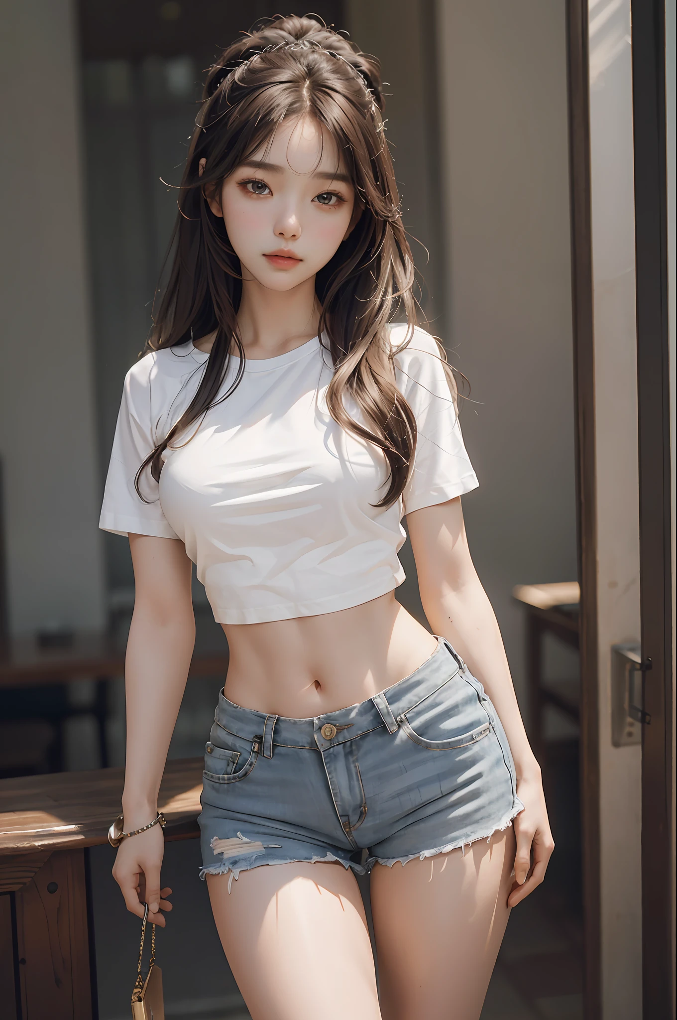 Masterpiece: 1.2, Best Quality), Realism, (Real Pictures, Intricate Details, Depth of Field), (1girl, Solo), Delicate Facial Features (1.4) Fair Skin, Delicate, Lee Ji Eun IU Face Shape (1.4), Gym T-Shirt Shorts Wide Hips Thin Waist Bent Posture