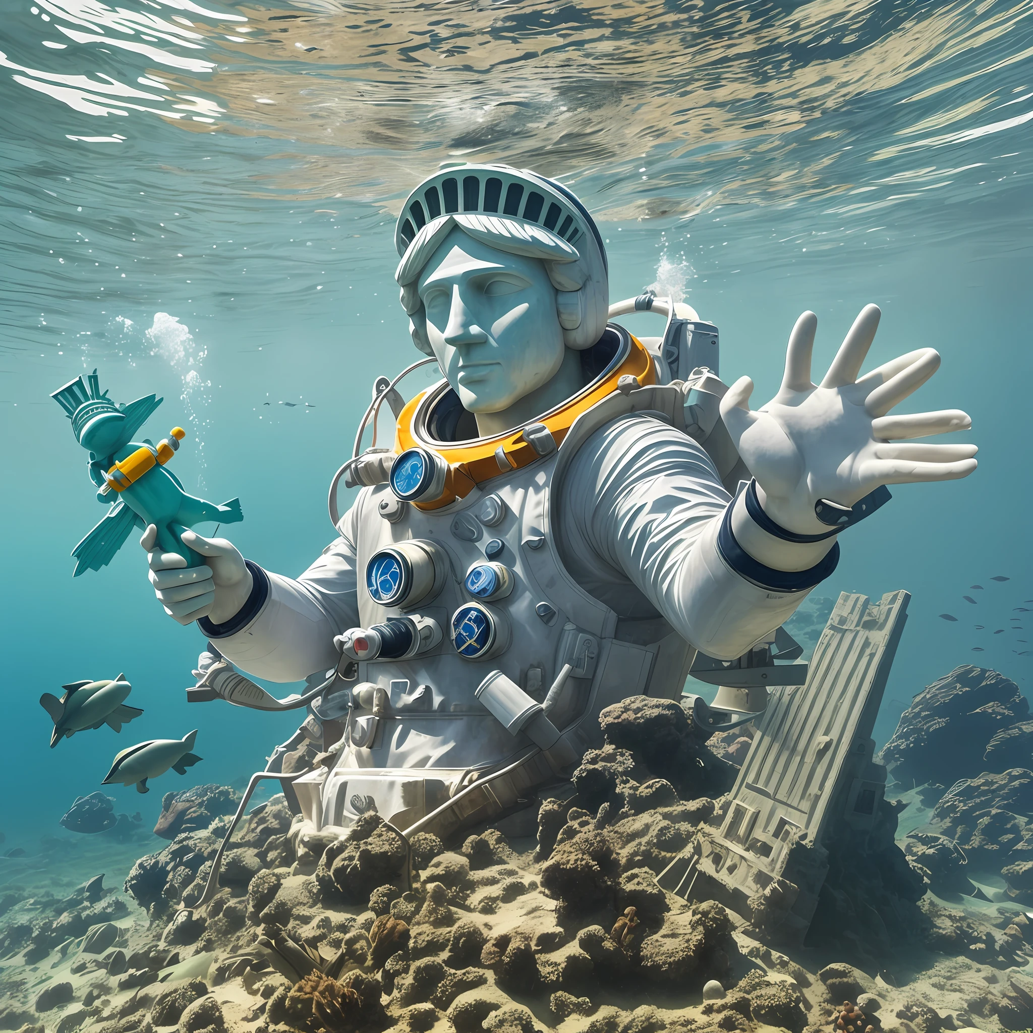 In the underwater world, there are the remains of the Statue of Liberty under the water, and there is an astronaut man wearing a duck-shaped lifebuoy and holding a toy water gun --auto --s2