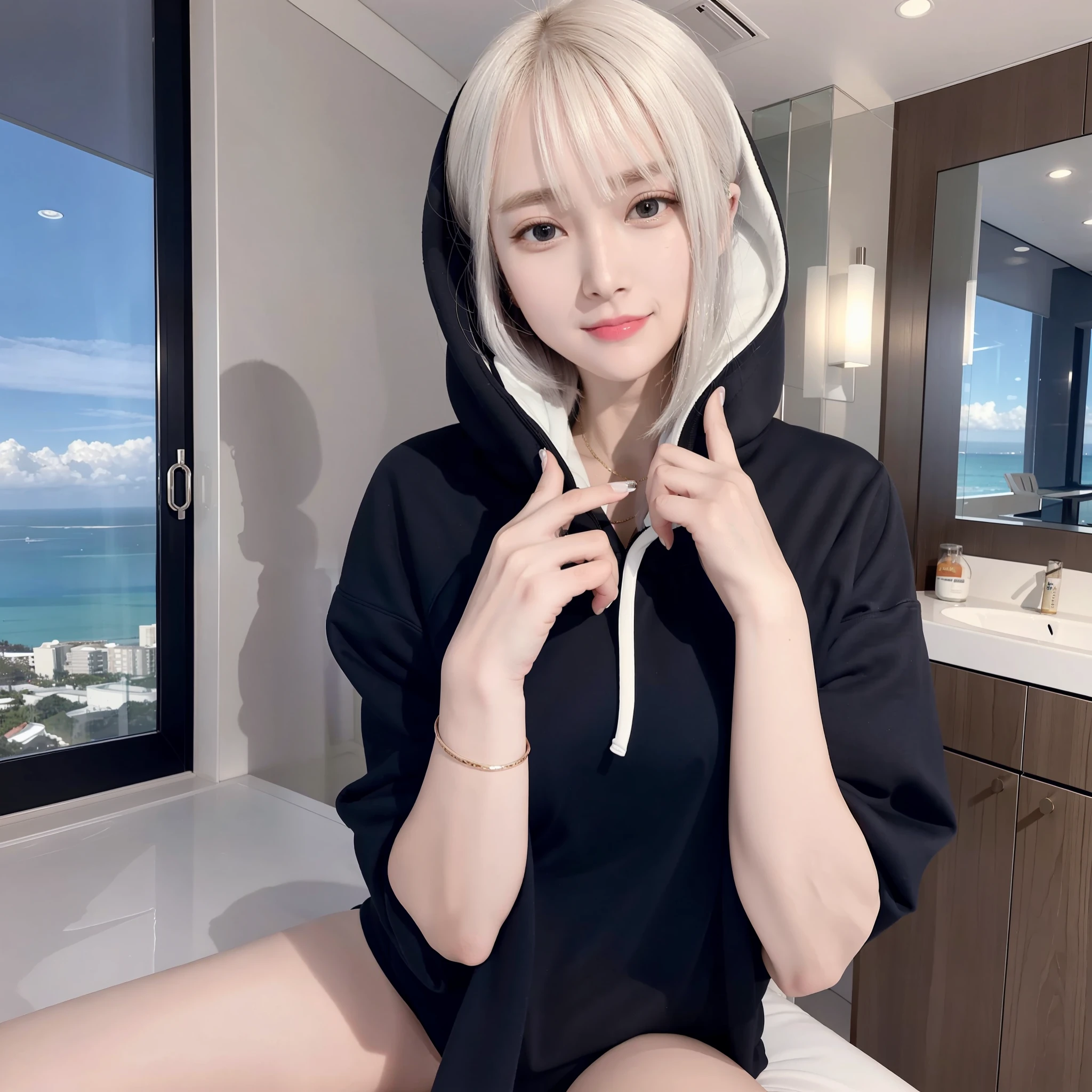 One girl, masterpiece, best quality, real, realistic, seductive light smile, short hair to shoulders, attractive eyes, (small), (fancy hoodie), (showing cleavage), very detailed, full body, modern hotel room, (ocean view floor-to-ceiling window), nsfw, white hair, white hair, pure white hair, top quality, 8K, highest quality 4 fingers and thumb 1